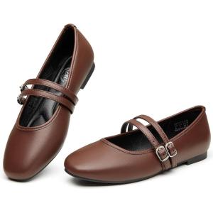 imageTrary Mary Jane Shoes Women Square Toe Flats for Women Dressy Ballet Flat Mary Jane Flats with Buckle Strap Comfortable Slip On Casual ShoesDark Brown