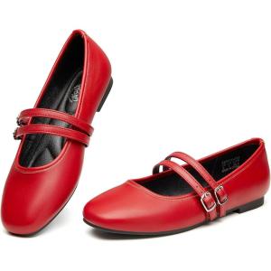 imageTrary Mary Jane Shoes Women Square Toe Flats for Women Dressy Ballet Flat Mary Jane Flats with Buckle Strap Comfortable Slip On Casual ShoesRed