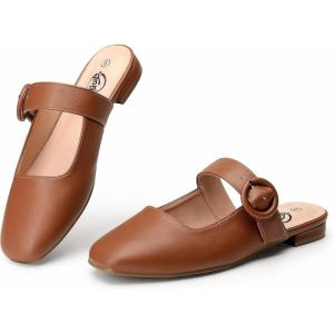 imageTrary Mules for Women Mary Jane Mules with Adjustable Buckle Flats for Women Slip On Shoes Loafers for Casual Work TravelBrown