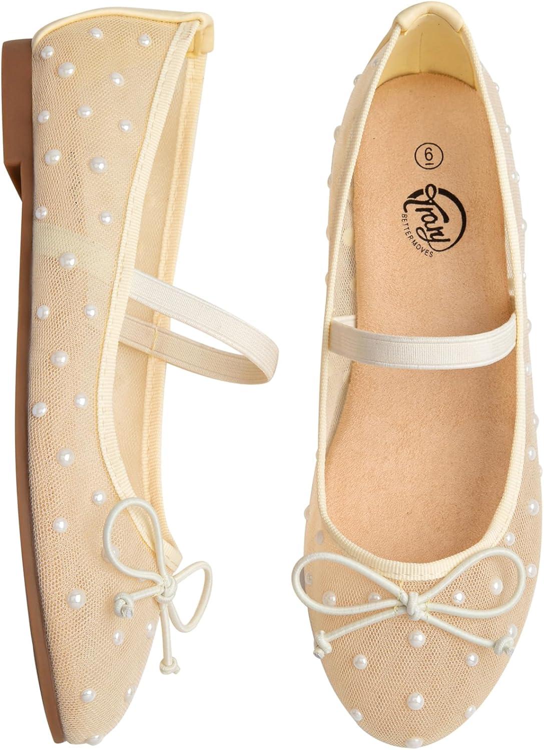 imageTrary Flats for Women Closed Round Toe Ballet Flats Mary Jane Shoes Women with Elastic Strap Cute Bowknot Comfortable Dress Shoes for AllYear Daily Work Casual WearMesh Yellow