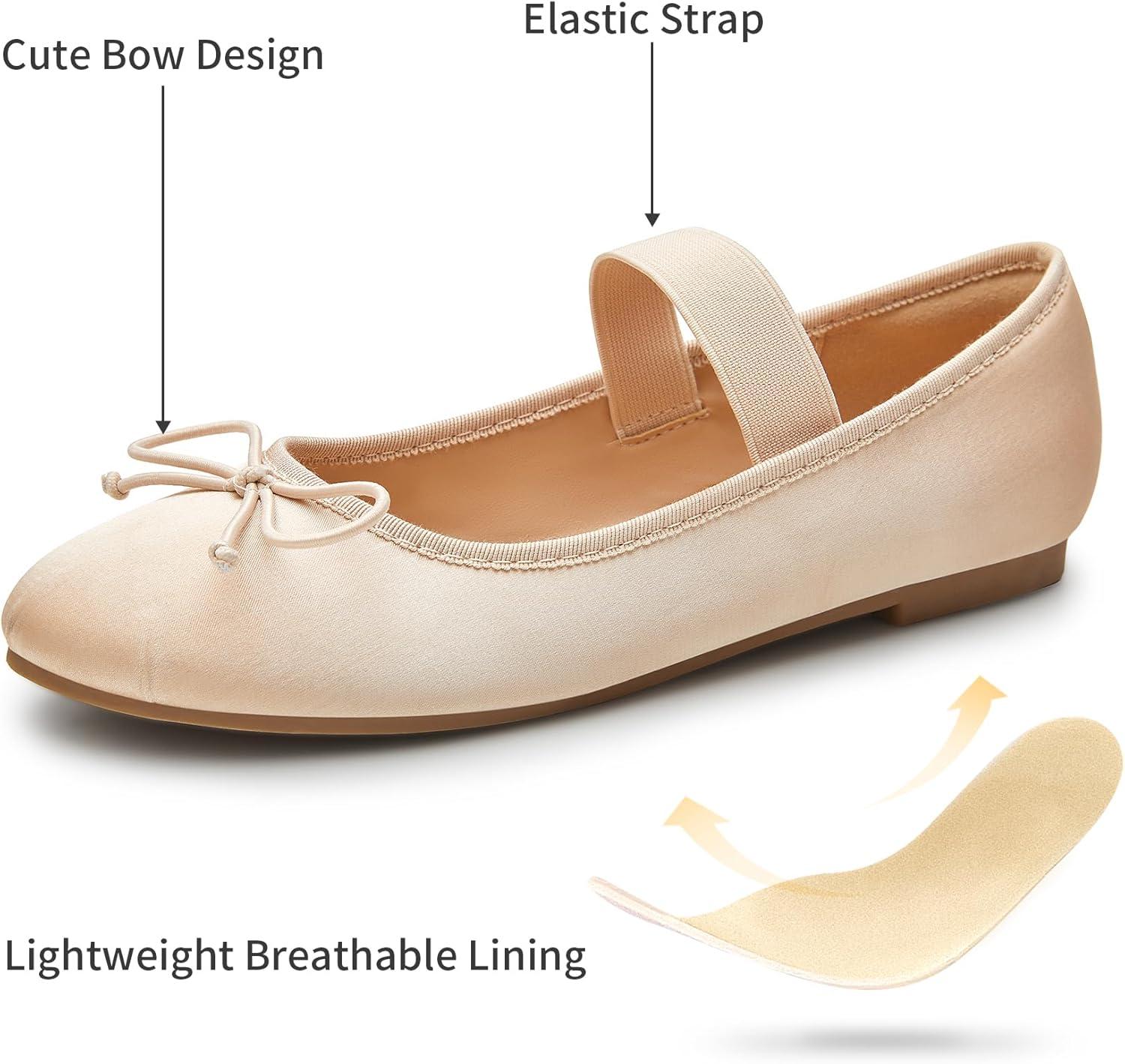 imageTrary Flats for Women Closed Round Toe Ballet Flats Mary Jane Shoes Women with Elastic Strap Cute Bowknot Comfortable Dress Shoes for AllYear Daily Work Casual WearApricot