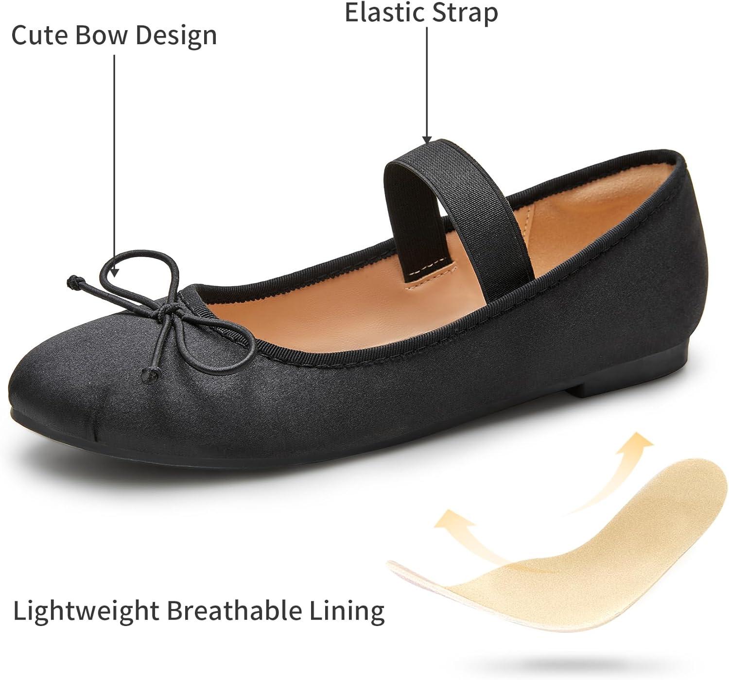 imageTrary Flats for Women Closed Round Toe Ballet Flats Mary Jane Shoes Women with Elastic Strap Cute Bowknot Comfortable Dress Shoes for AllYear Daily Work Casual WearBlack