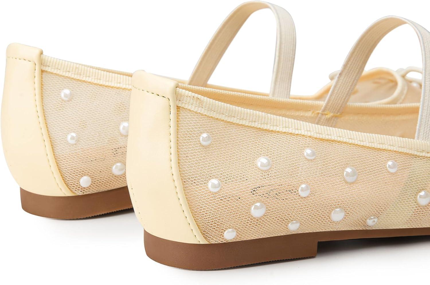 imageTrary Flats for Women Closed Round Toe Ballet Flats Mary Jane Shoes Women with Elastic Strap Cute Bowknot Comfortable Dress Shoes for AllYear Daily Work Casual WearMesh Yellow