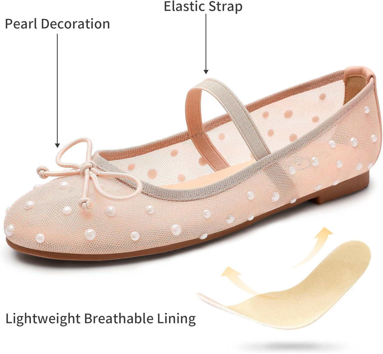 imageTrary Flats for Women Closed Round Toe Ballet Flats Mary Jane Shoes Women with Elastic Strap Cute Bowknot Comfortable Dress Shoes for AllYear Daily Work Casual WearMesh Nude