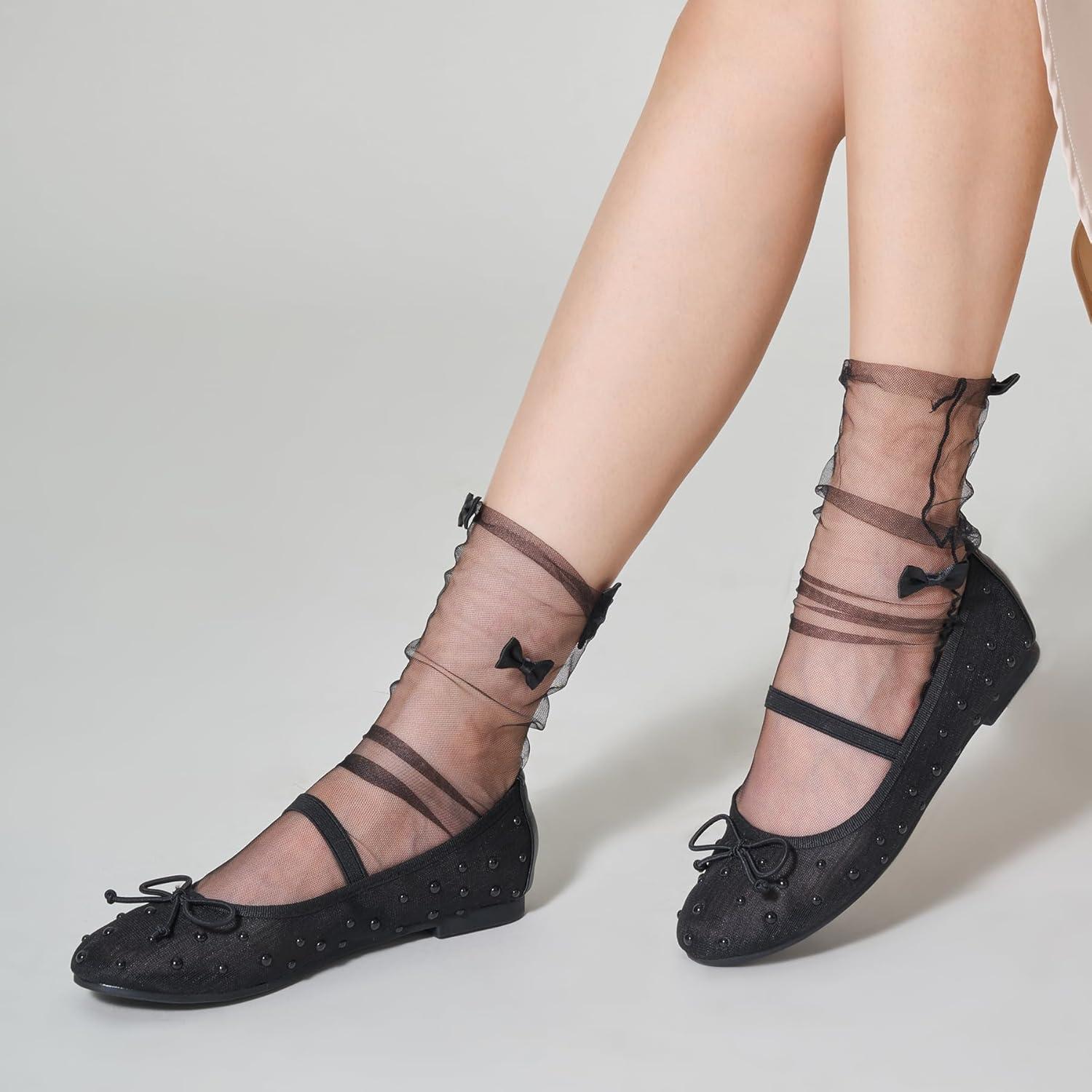 imageTrary Flats for Women Closed Round Toe Ballet Flats Mary Jane Shoes Women with Elastic Strap Cute Bowknot Comfortable Dress Shoes for AllYear Daily Work Casual WearMesh Black