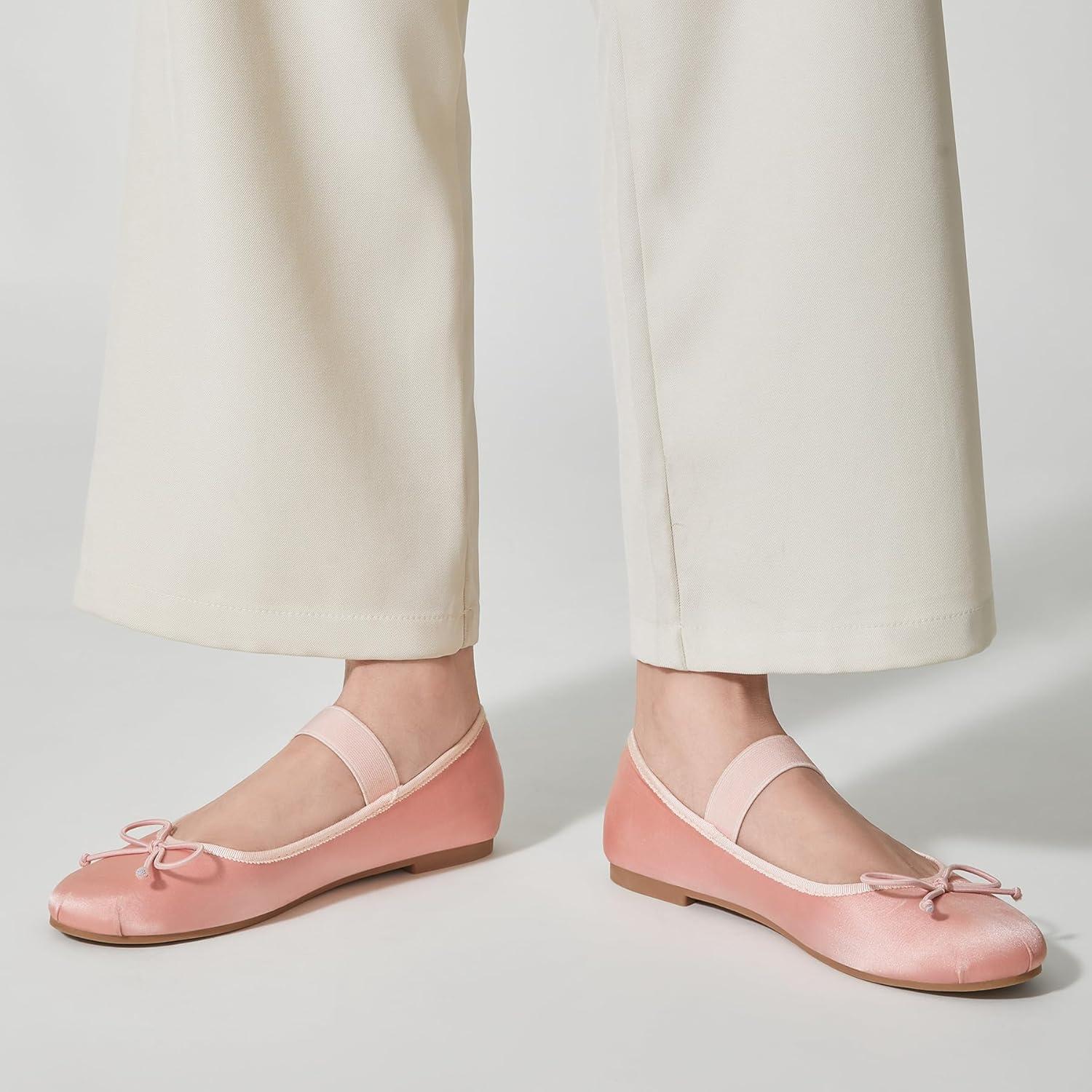 imageTrary Flats for Women Closed Round Toe Ballet Flats Mary Jane Shoes Women with Elastic Strap Cute Bowknot Comfortable Dress Shoes for AllYear Daily Work Casual WearPink