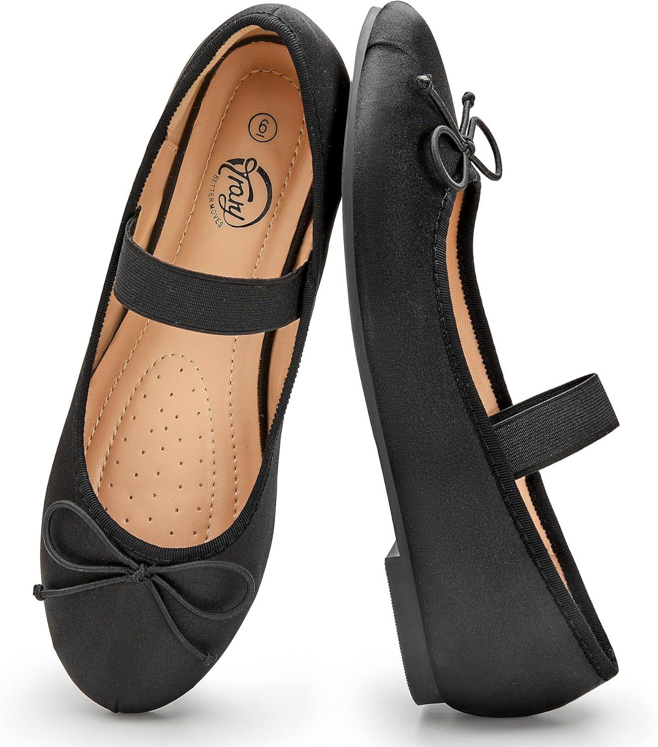 imageTrary Flats for Women Closed Round Toe Ballet Flats Mary Jane Shoes Women with Elastic Strap Cute Bowknot Comfortable Dress Shoes for AllYear Daily Work Casual WearBlack