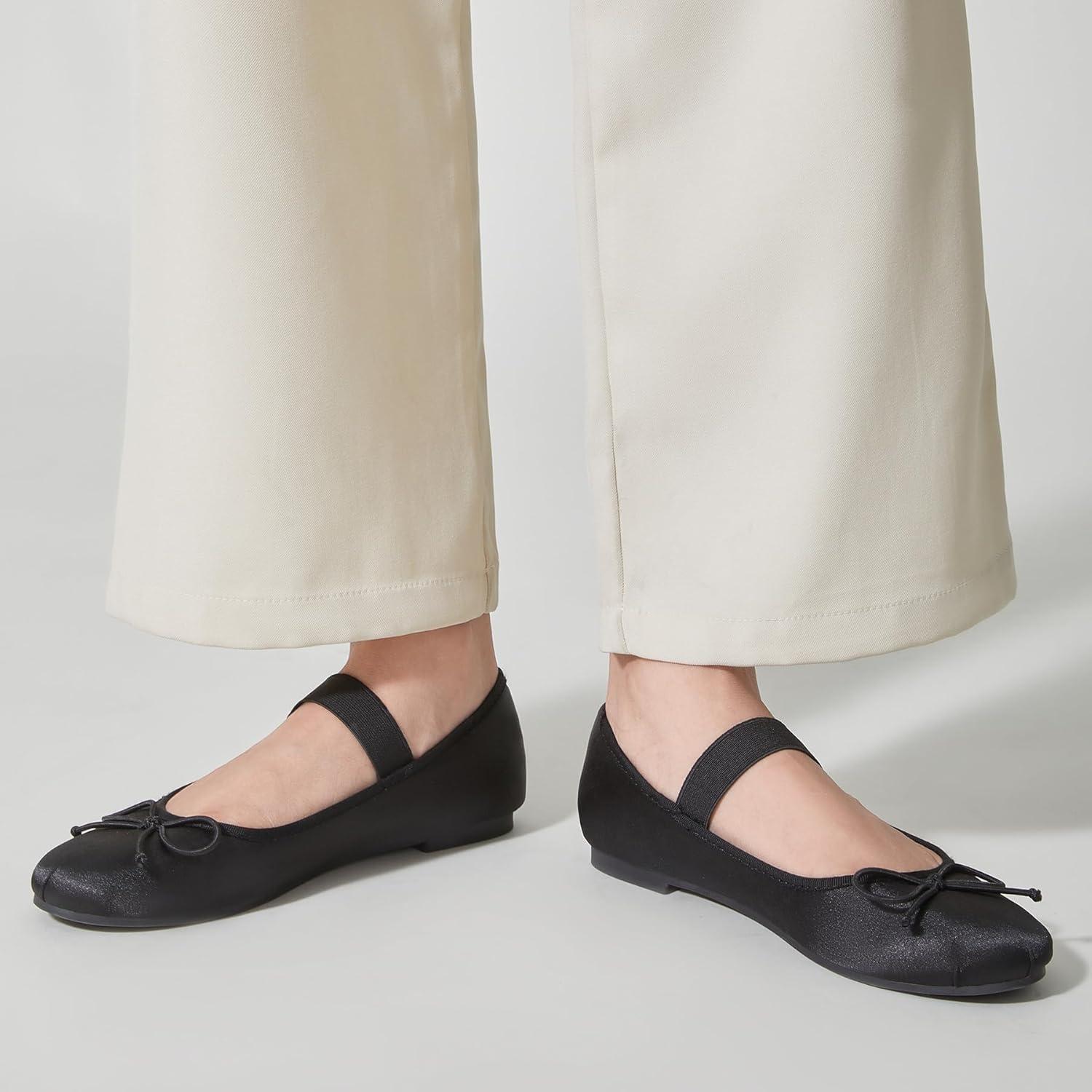 imageTrary Flats for Women Closed Round Toe Ballet Flats Mary Jane Shoes Women with Elastic Strap Cute Bowknot Comfortable Dress Shoes for AllYear Daily Work Casual WearBlack
