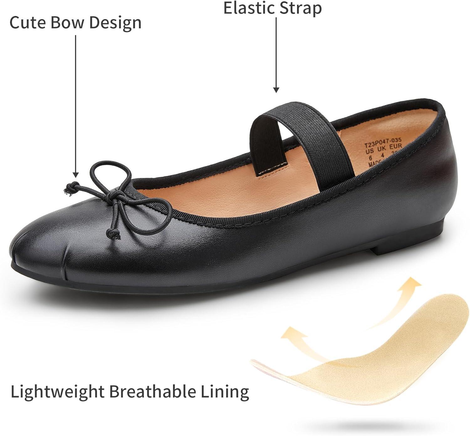 imageTrary Flats for Women Closed Round Toe Ballet Flats Mary Jane Shoes Women with Elastic Strap Cute Bowknot Comfortable Dress Shoes for AllYear Daily Work Casual WearBlack Pu