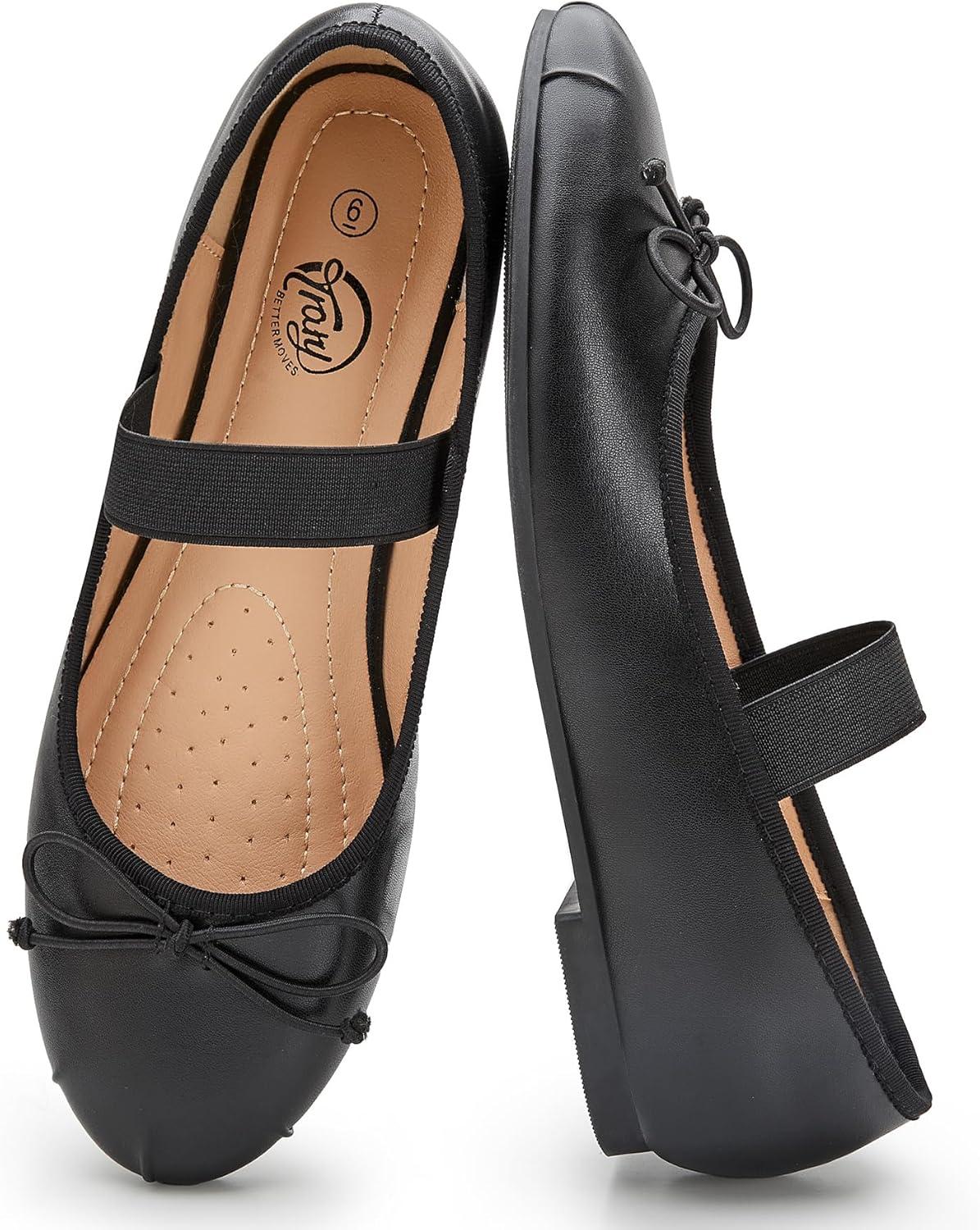 imageTrary Flats for Women Closed Round Toe Ballet Flats Mary Jane Shoes Women with Elastic Strap Cute Bowknot Comfortable Dress Shoes for AllYear Daily Work Casual WearBlack Pu