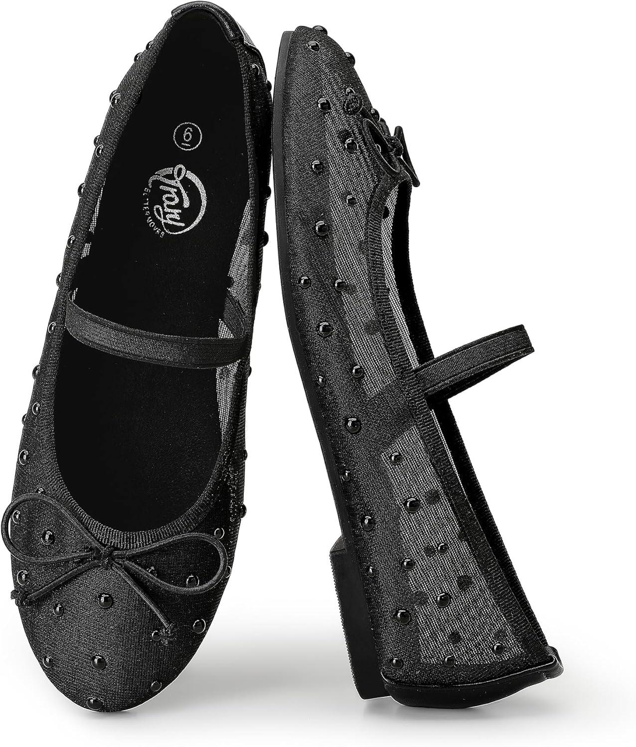 imageTrary Flats for Women Closed Round Toe Ballet Flats Mary Jane Shoes Women with Elastic Strap Cute Bowknot Comfortable Dress Shoes for AllYear Daily Work Casual WearMesh Black