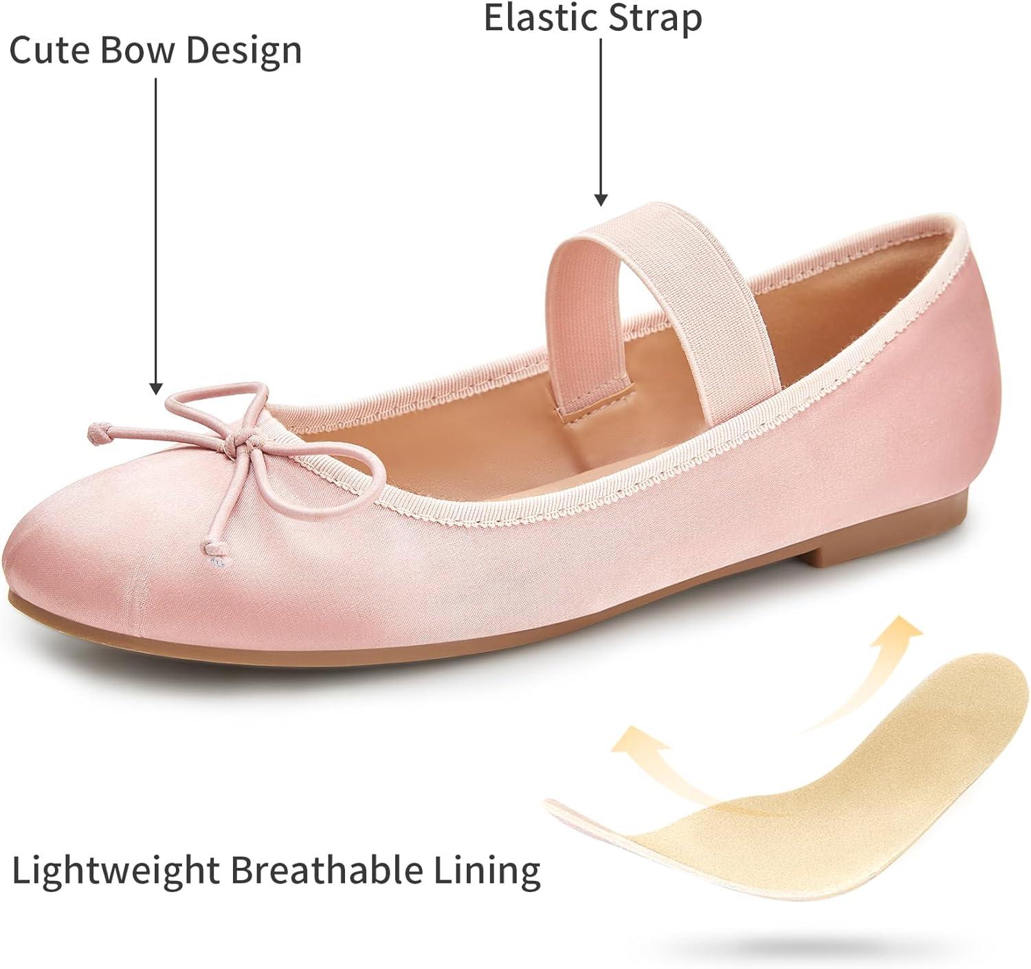 imageTrary Flats for Women Closed Round Toe Ballet Flats Mary Jane Shoes Women with Elastic Strap Cute Bowknot Comfortable Dress Shoes for AllYear Daily Work Casual WearPink