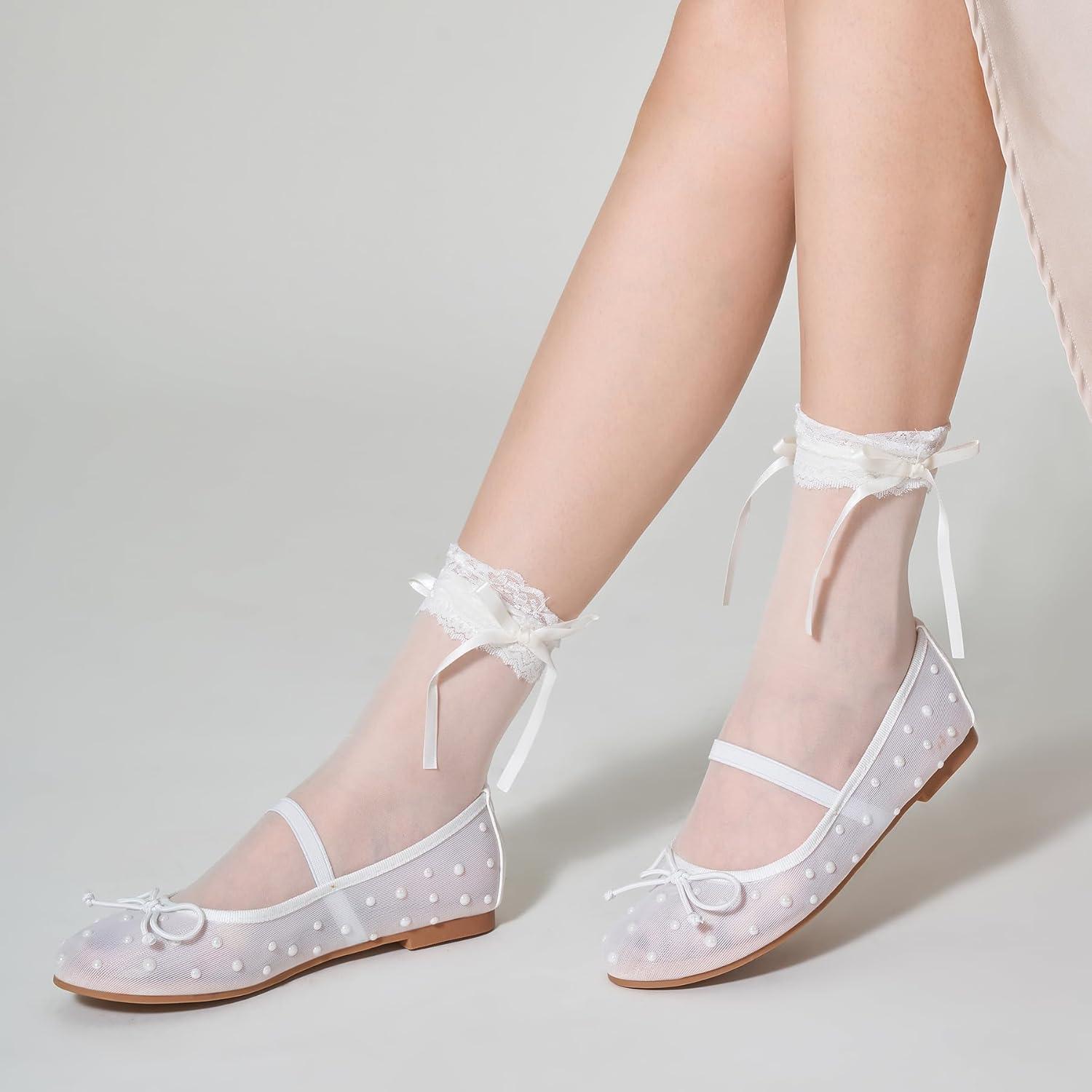 imageTrary Flats for Women Closed Round Toe Ballet Flats Mary Jane Shoes Women with Elastic Strap Cute Bowknot Comfortable Dress Shoes for AllYear Daily Work Casual WearMesh White