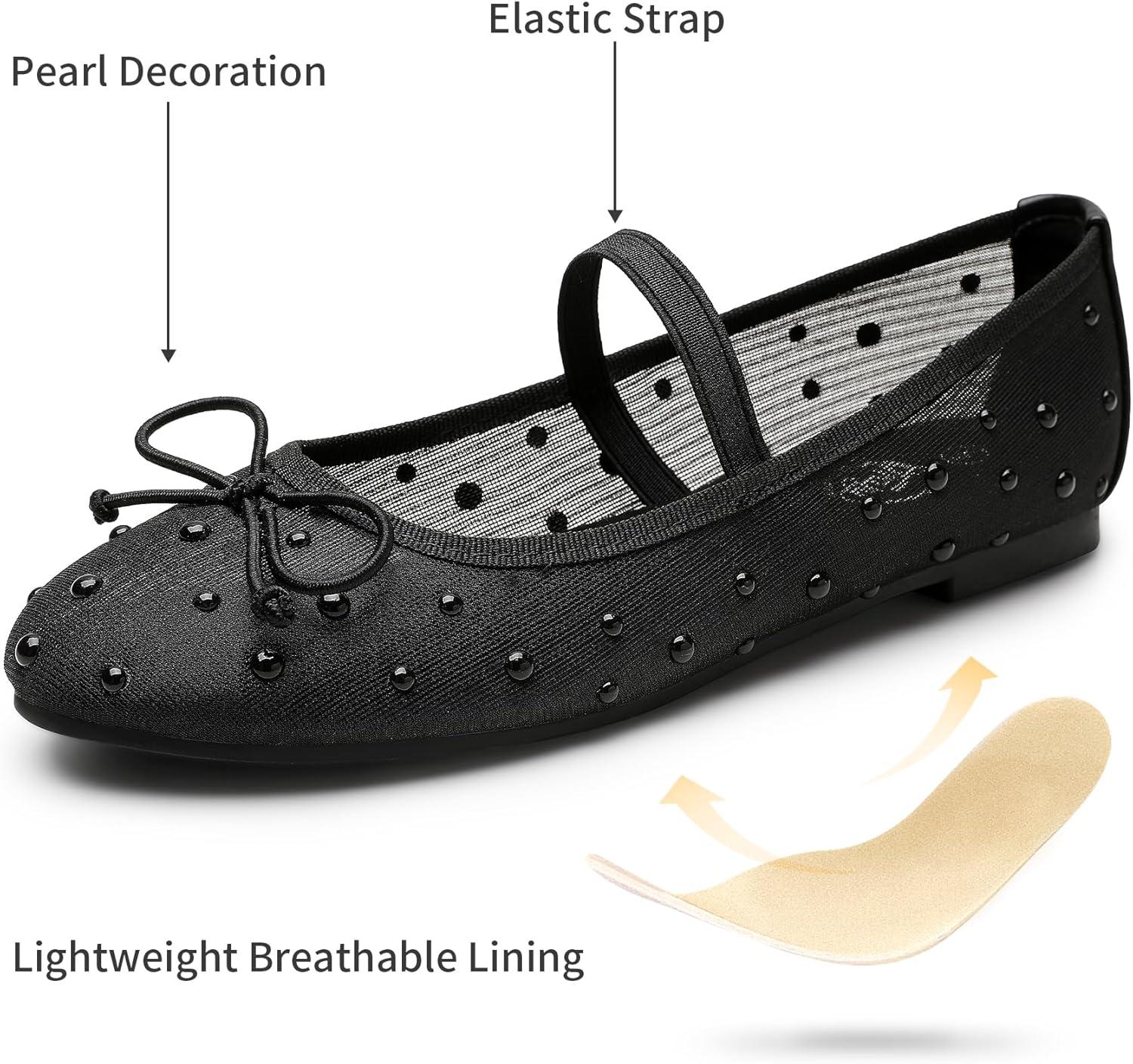 imageTrary Flats for Women Closed Round Toe Ballet Flats Mary Jane Shoes Women with Elastic Strap Cute Bowknot Comfortable Dress Shoes for AllYear Daily Work Casual WearMesh Black