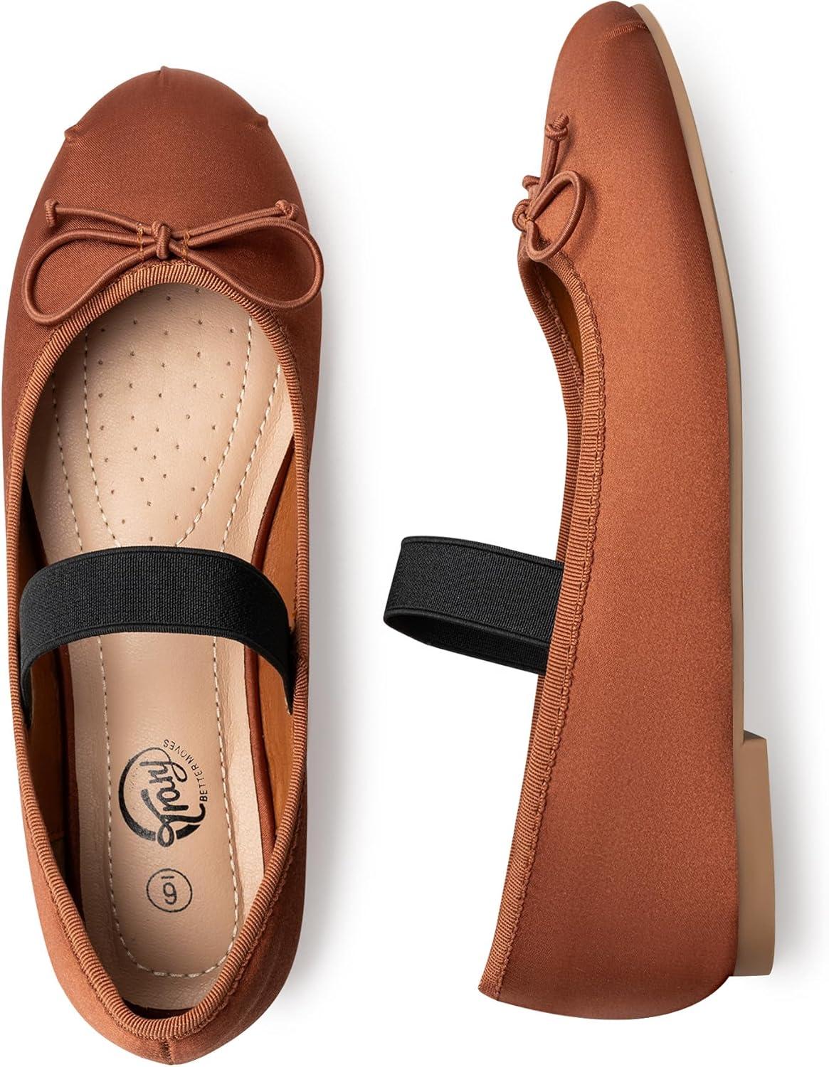 imageTrary Flats for Women Closed Round Toe Ballet Flats Mary Jane Shoes Women with Elastic Strap Cute Bowknot Comfortable Dress Shoes for AllYear Daily Work Casual WearBrown