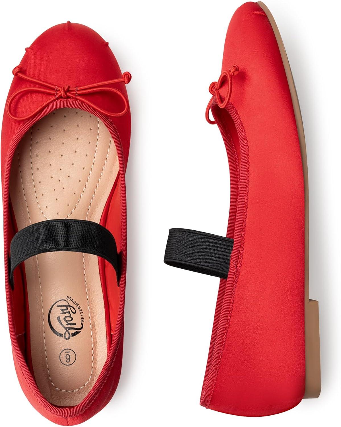 imageTrary Flats for Women Closed Round Toe Ballet Flats Mary Jane Shoes Women with Elastic Strap Cute Bowknot Comfortable Dress Shoes for AllYear Daily Work Casual WearRed