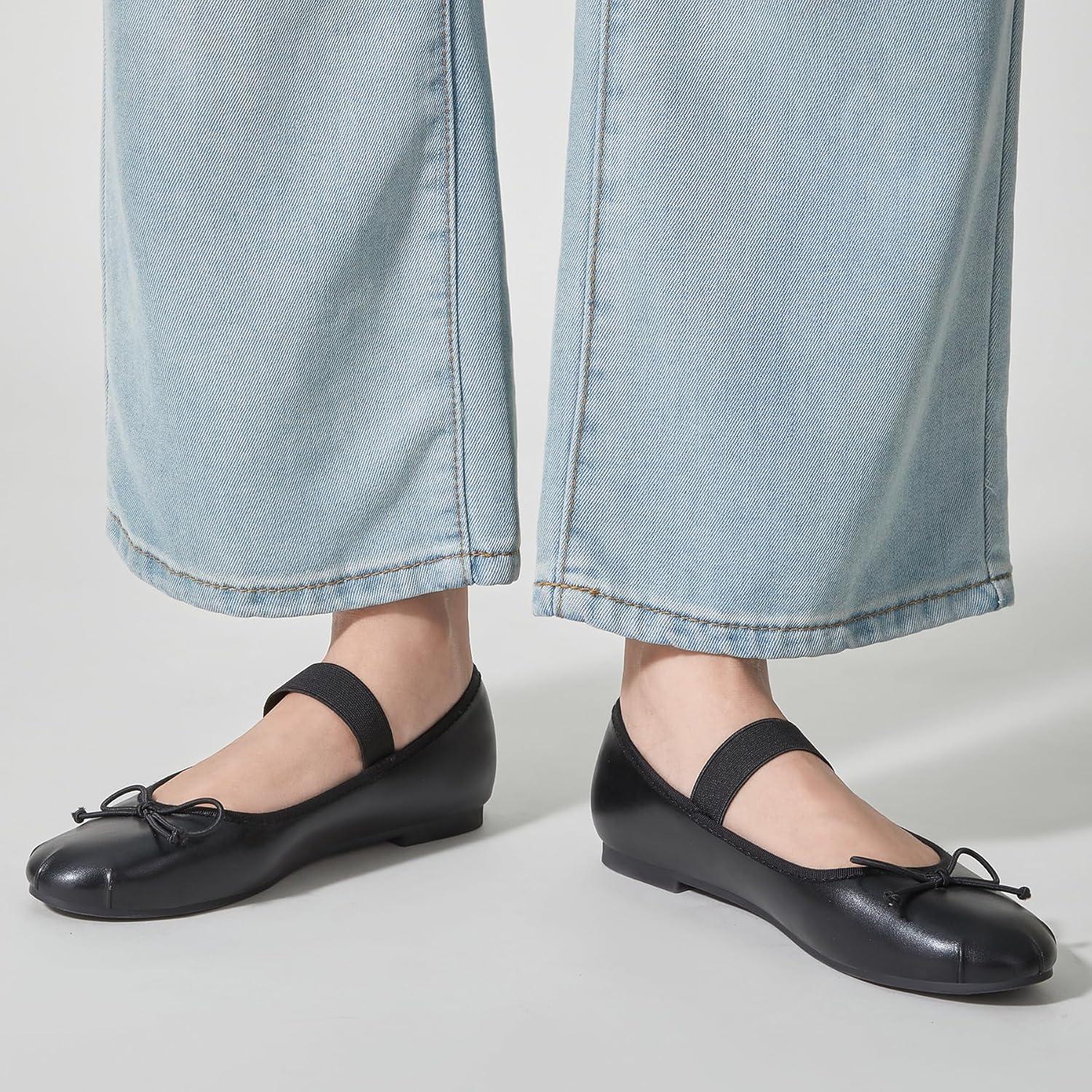 imageTrary Flats for Women Closed Round Toe Ballet Flats Mary Jane Shoes Women with Elastic Strap Cute Bowknot Comfortable Dress Shoes for AllYear Daily Work Casual WearBlack Pu