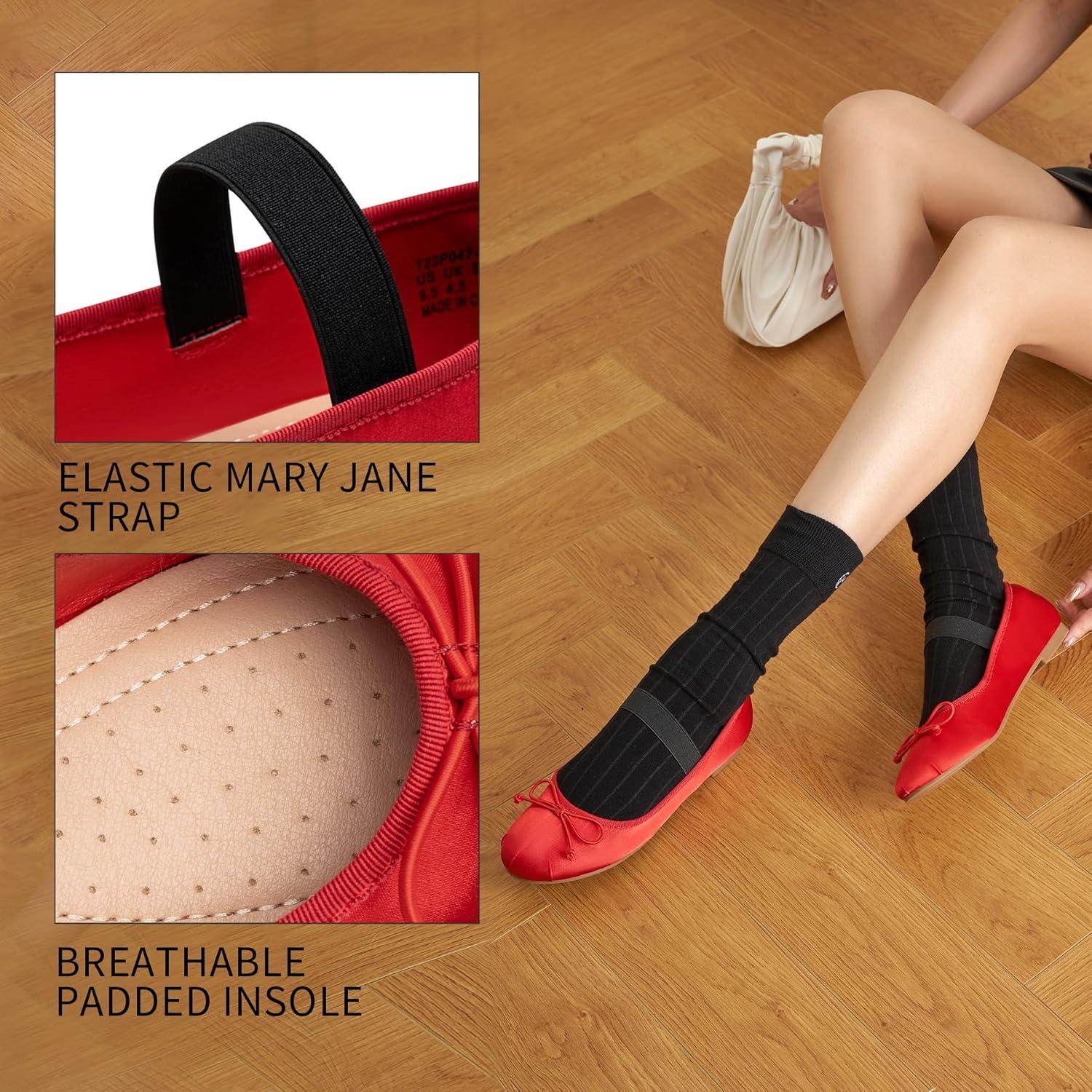 imageTrary Flats for Women Closed Round Toe Ballet Flats Mary Jane Shoes Women with Elastic Strap Cute Bowknot Comfortable Dress Shoes for AllYear Daily Work Casual WearRed