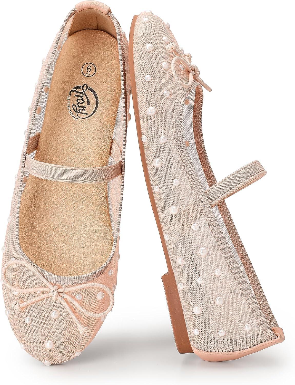 imageTrary Flats for Women Closed Round Toe Ballet Flats Mary Jane Shoes Women with Elastic Strap Cute Bowknot Comfortable Dress Shoes for AllYear Daily Work Casual WearMesh Nude