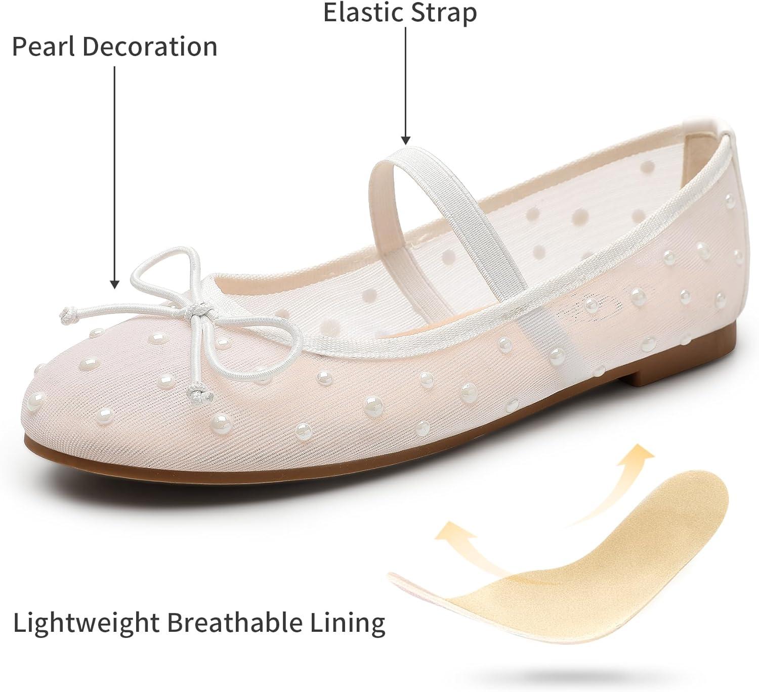 imageTrary Flats for Women Closed Round Toe Ballet Flats Mary Jane Shoes Women with Elastic Strap Cute Bowknot Comfortable Dress Shoes for AllYear Daily Work Casual WearMesh White
