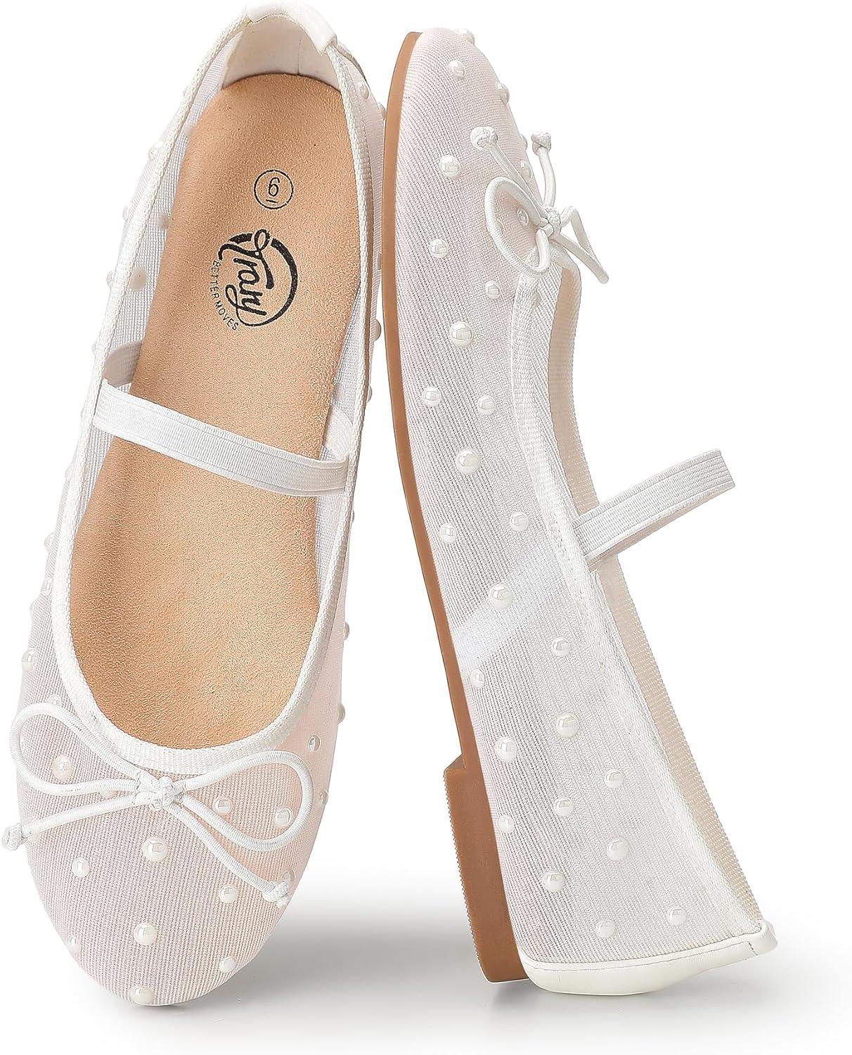 imageTrary Flats for Women Closed Round Toe Ballet Flats Mary Jane Shoes Women with Elastic Strap Cute Bowknot Comfortable Dress Shoes for AllYear Daily Work Casual WearMesh White