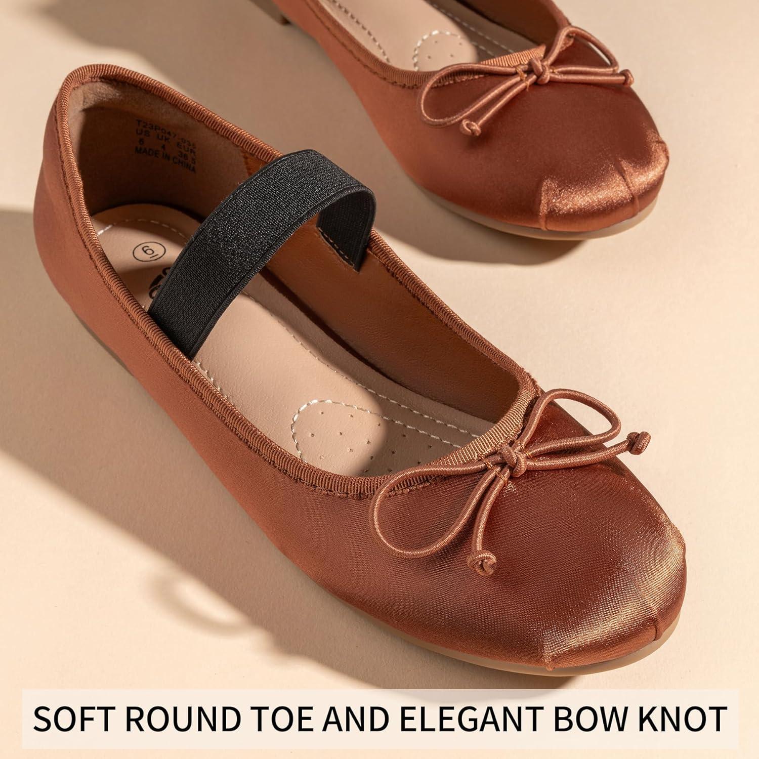 imageTrary Flats for Women Closed Round Toe Ballet Flats Mary Jane Shoes Women with Elastic Strap Cute Bowknot Comfortable Dress Shoes for AllYear Daily Work Casual WearBrown