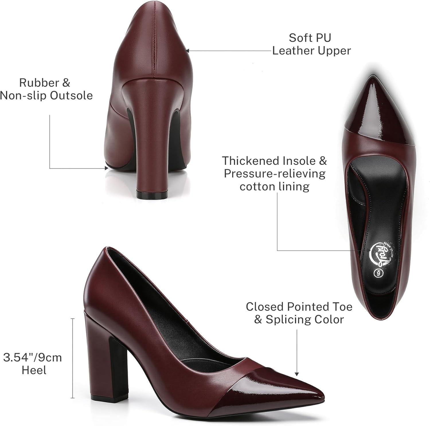 imageTrary Heels for Women Closed Pointed Toe Chunky Pumps Shoes Women Block High Heels Comfortable SlipOn Dress Office Party Wedding Shoes 354quot HeelBurgundy