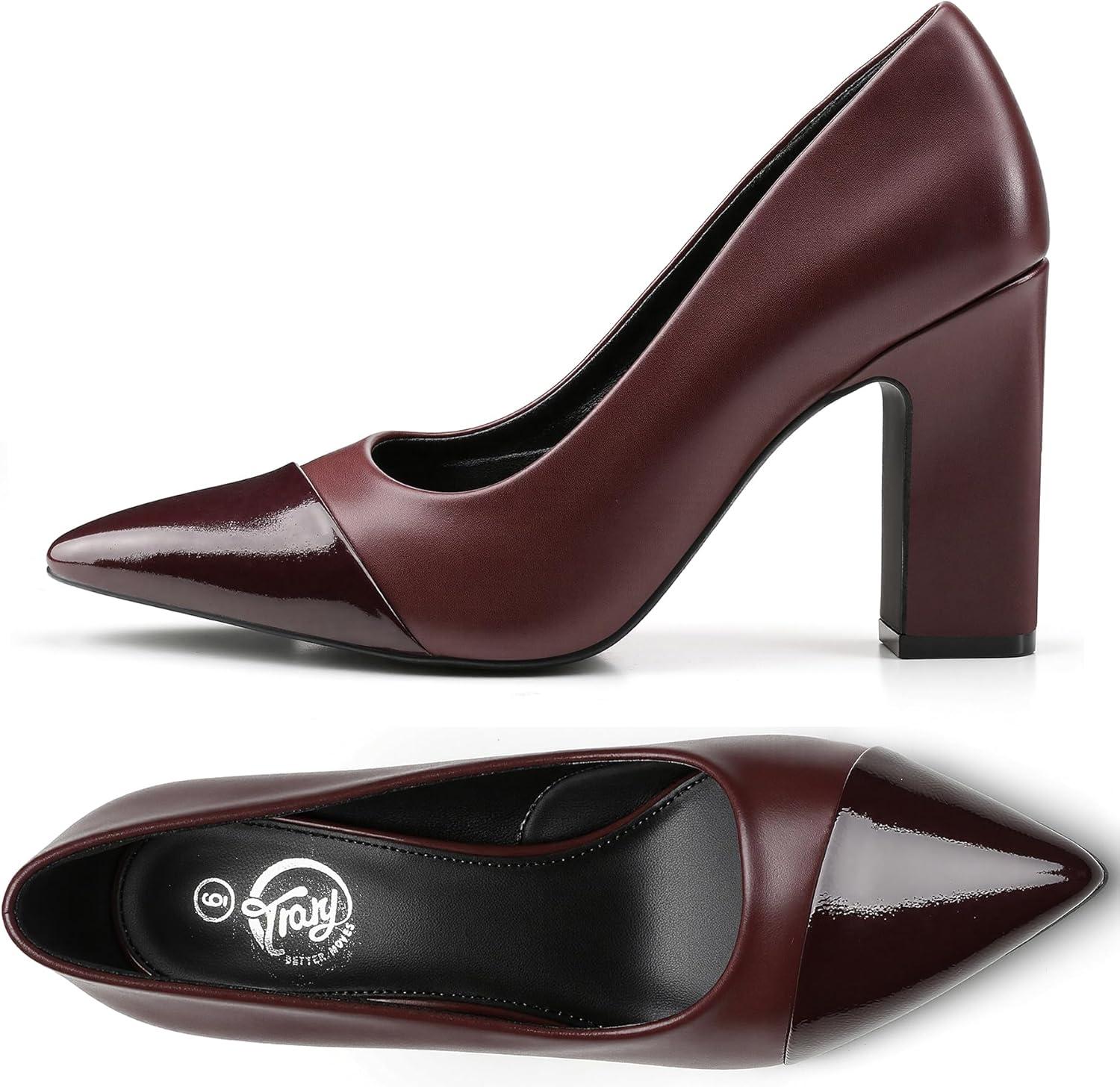 imageTrary Heels for Women Closed Pointed Toe Chunky Pumps Shoes Women Block High Heels Comfortable SlipOn Dress Office Party Wedding Shoes 354quot HeelBurgundy