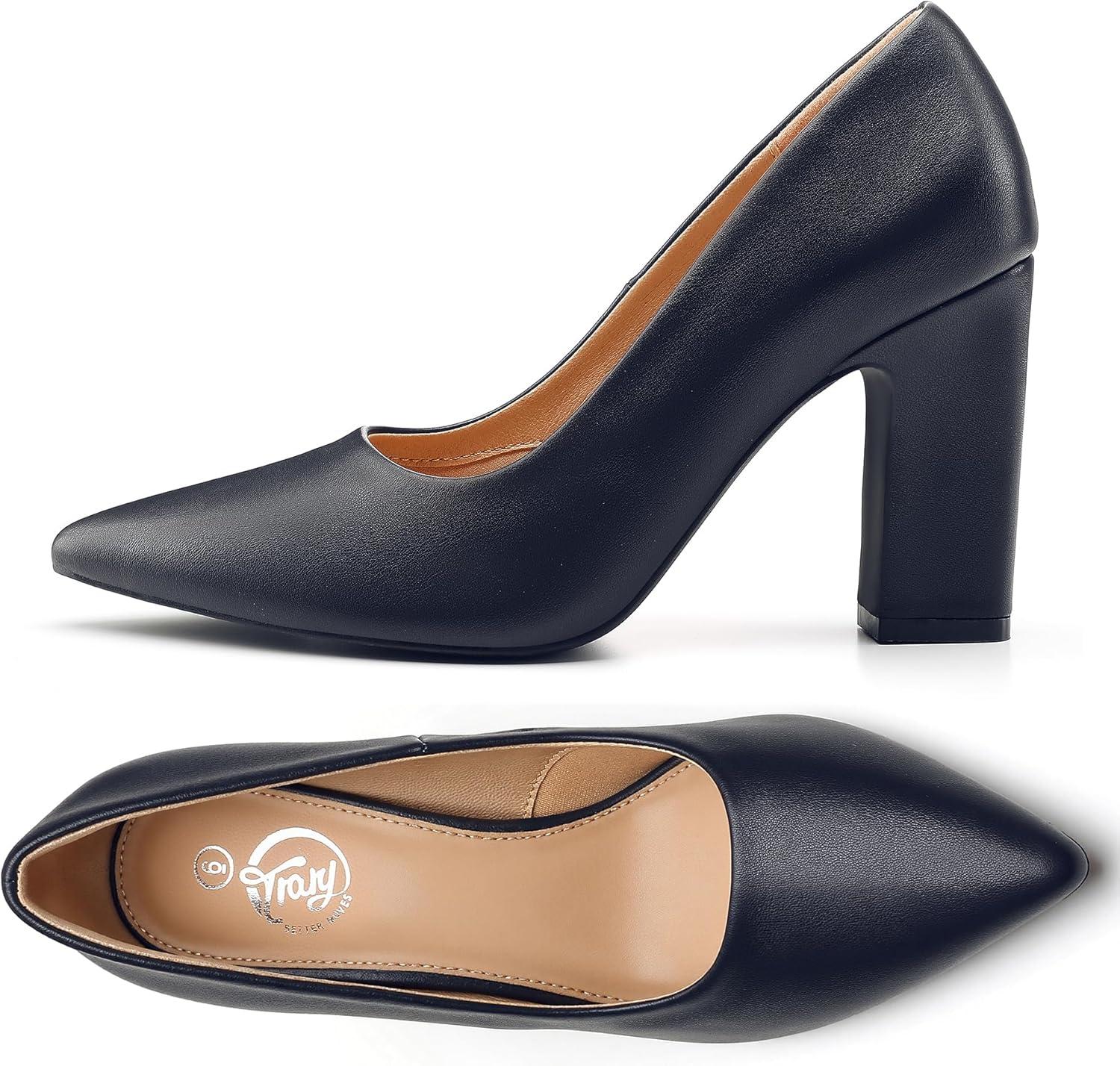 imageTrary Heels for Women Closed Pointed Toe Chunky Pumps Shoes Women Block High Heels Comfortable SlipOn Dress Office Party Wedding Shoes 354quot HeelNavy Blue