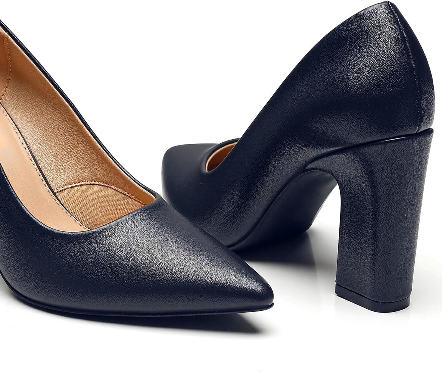 imageTrary Heels for Women Closed Pointed Toe Chunky Pumps Shoes Women Block High Heels Comfortable SlipOn Dress Office Party Wedding Shoes 354quot HeelNavy Blue