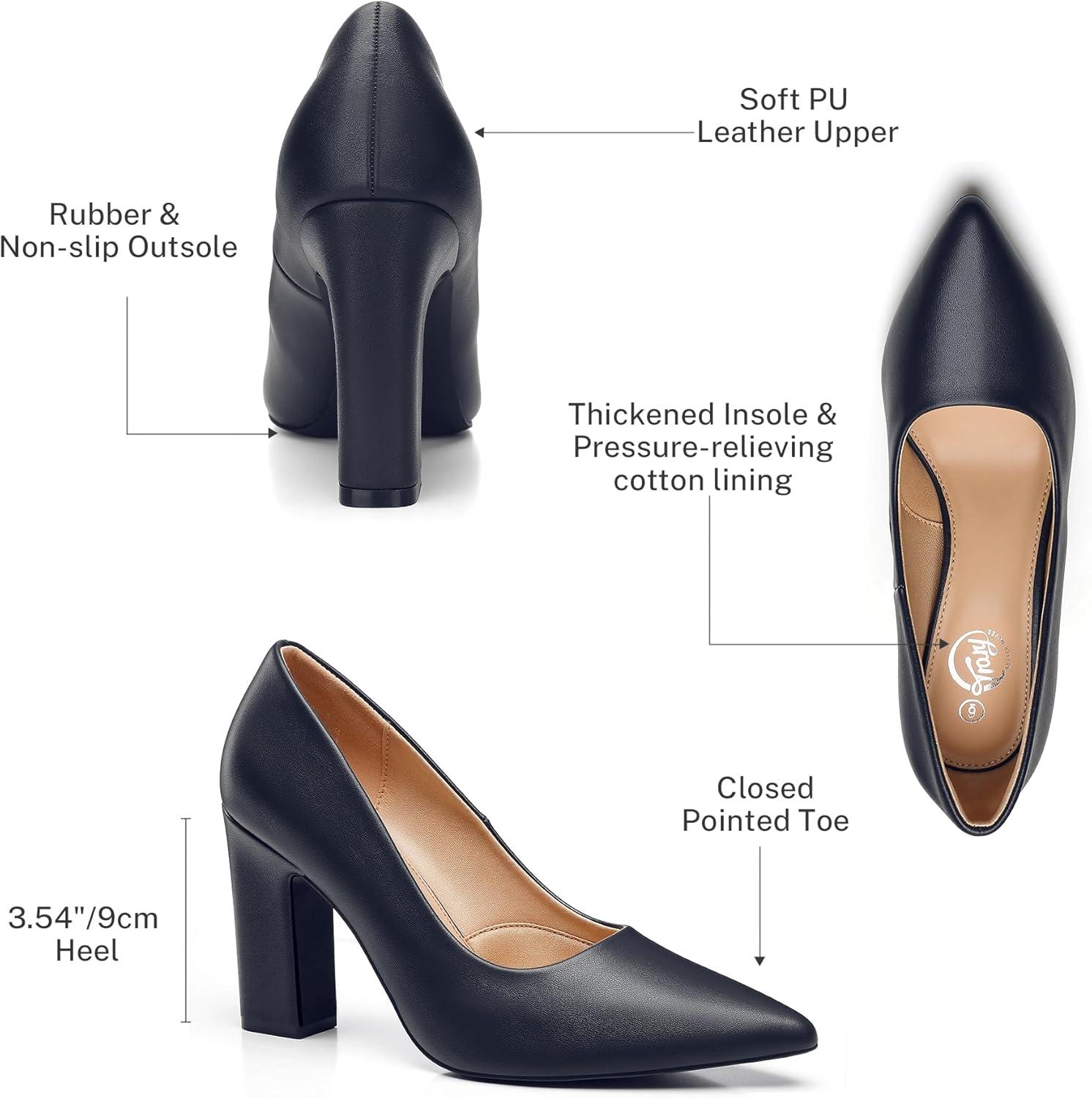 imageTrary Heels for Women Closed Pointed Toe Chunky Pumps Shoes Women Block High Heels Comfortable SlipOn Dress Office Party Wedding Shoes 354quot HeelNavy Blue