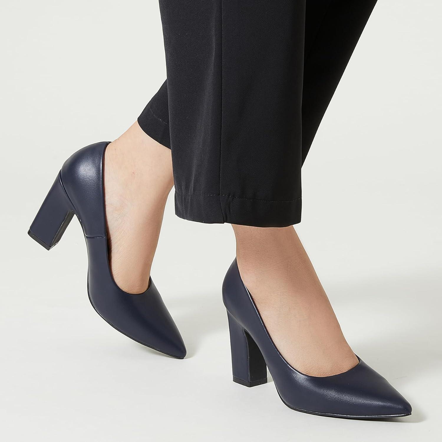 imageTrary Heels for Women Closed Pointed Toe Chunky Pumps Shoes Women Block High Heels Comfortable SlipOn Dress Office Party Wedding Shoes 354quot HeelNavy Blue