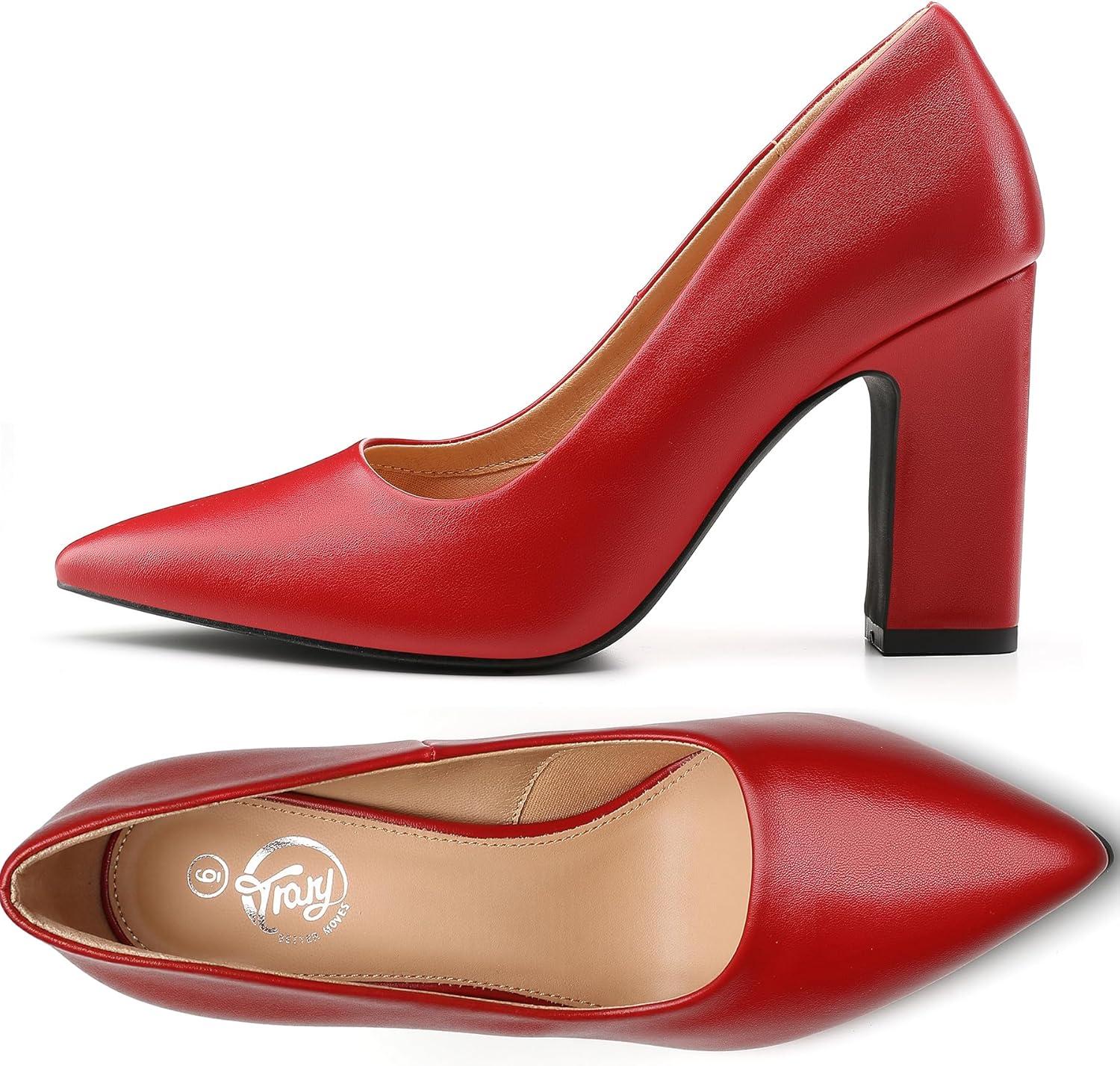imageTrary Heels for Women Closed Pointed Toe Chunky Pumps Shoes Women Block High Heels Comfortable SlipOn Dress Office Party Wedding Shoes 354quot HeelRed