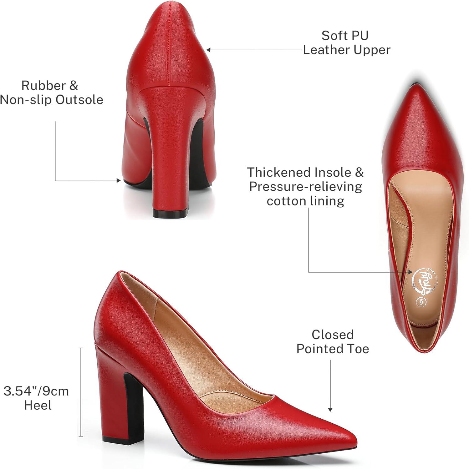 imageTrary Heels for Women Closed Pointed Toe Chunky Pumps Shoes Women Block High Heels Comfortable SlipOn Dress Office Party Wedding Shoes 354quot HeelRed