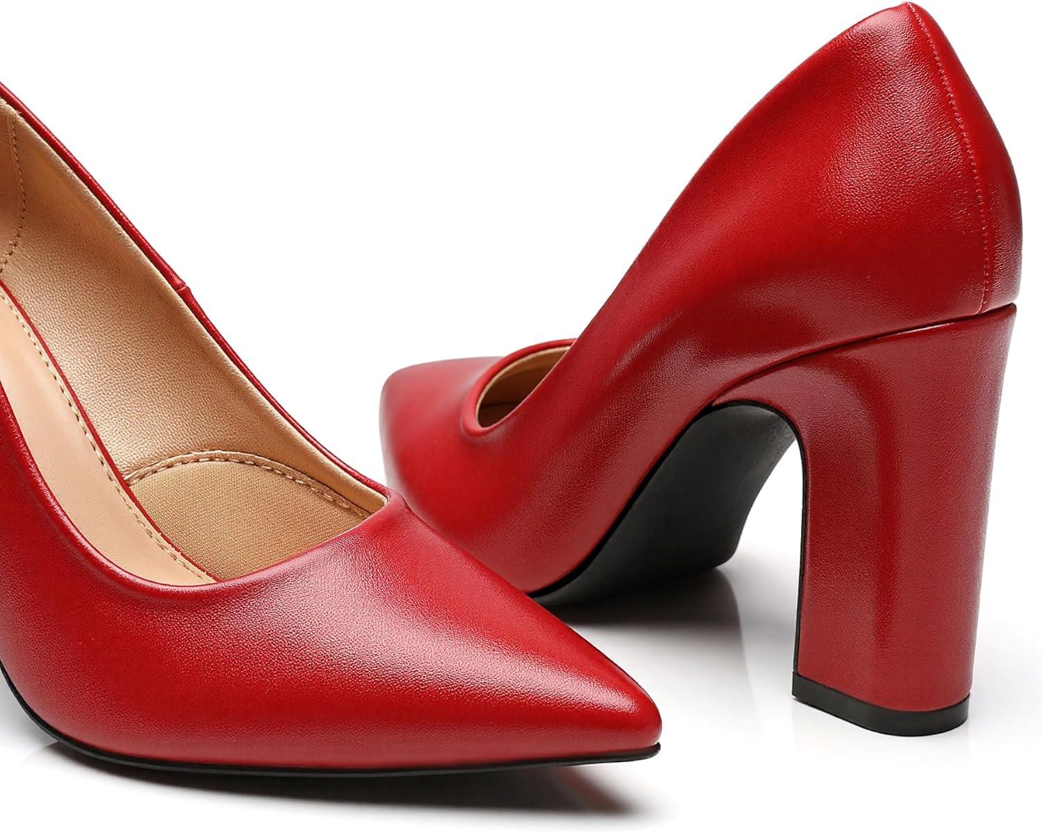 imageTrary Heels for Women Closed Pointed Toe Chunky Pumps Shoes Women Block High Heels Comfortable SlipOn Dress Office Party Wedding Shoes 354quot HeelRed