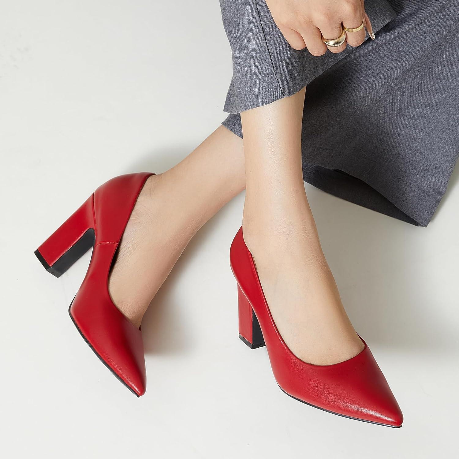 imageTrary Heels for Women Closed Pointed Toe Chunky Pumps Shoes Women Block High Heels Comfortable SlipOn Dress Office Party Wedding Shoes 354quot HeelRed
