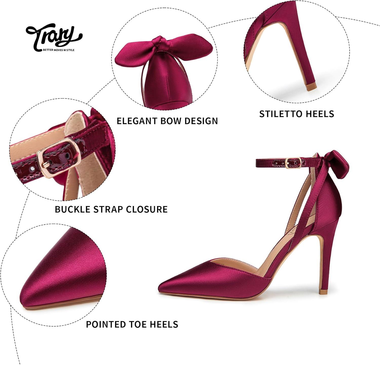 imageTrary Heels for Women Closed Pointed Toe Heels Womens Pumps Stiletto High Shoes with Bow Knot Comfortable Ankle Strap Office Party Wedding Dress Shoes 374quot HeelWine Red