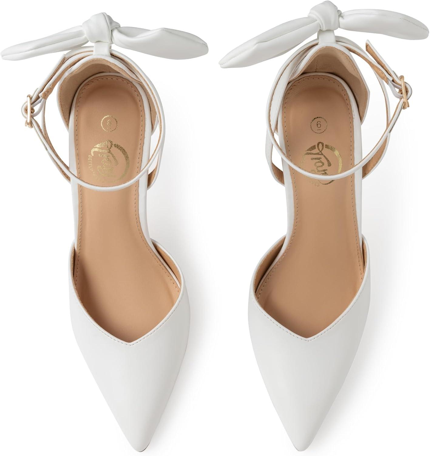 imageTrary Heels for Women Closed Pointed Toe Heels Womens Pumps Stiletto High Shoes with Bow Knot Comfortable Ankle Strap Office Party Wedding Dress Shoes 374quot HeelPu White