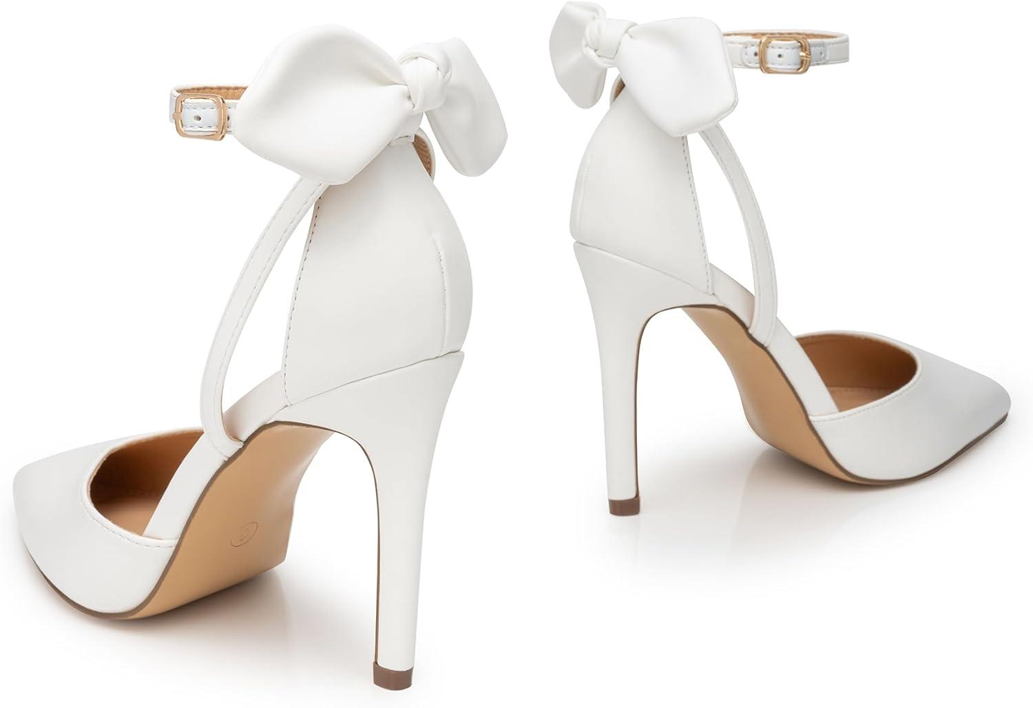 imageTrary Heels for Women Closed Pointed Toe Heels Womens Pumps Stiletto High Shoes with Bow Knot Comfortable Ankle Strap Office Party Wedding Dress Shoes 374quot HeelPu White