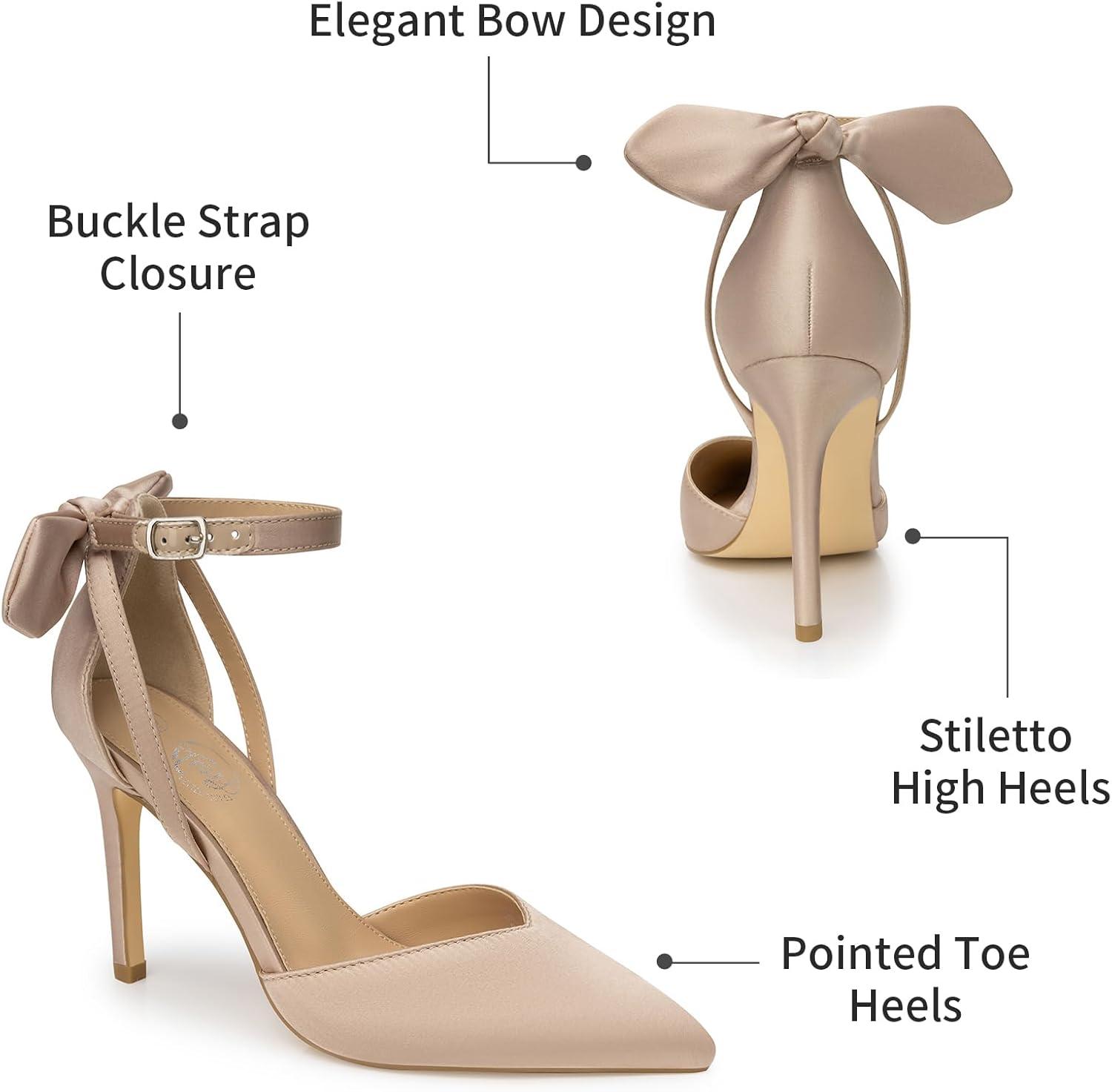 imageTrary Heels for Women Closed Pointed Toe Heels Womens Pumps Stiletto High Shoes with Bow Knot Comfortable Ankle Strap Office Party Wedding Dress Shoes 374quot HeelNude
