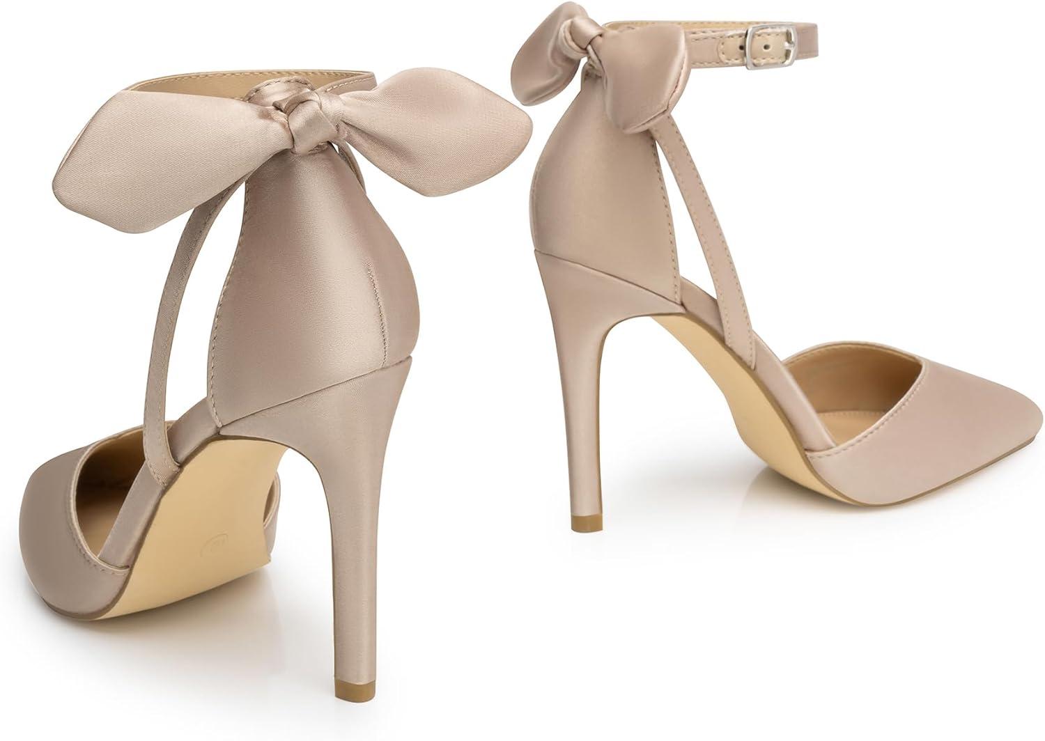 imageTrary Heels for Women Closed Pointed Toe Heels Womens Pumps Stiletto High Shoes with Bow Knot Comfortable Ankle Strap Office Party Wedding Dress Shoes 374quot HeelNude