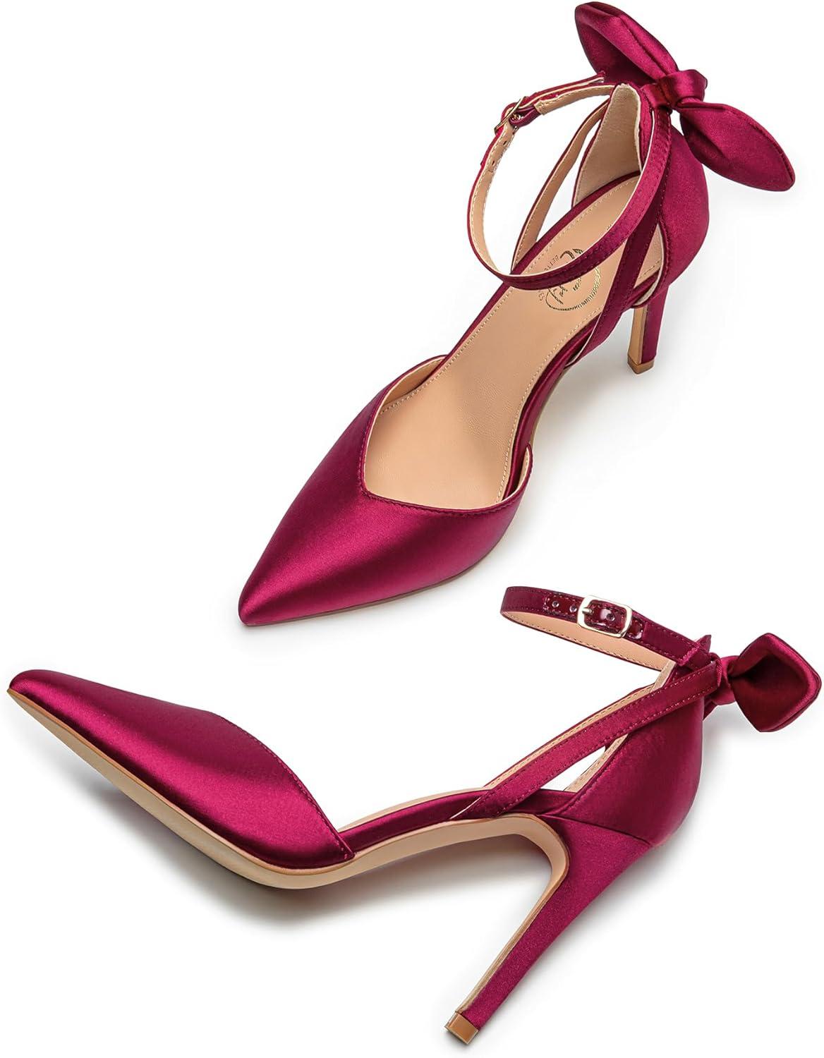 imageTrary Heels for Women Closed Pointed Toe Heels Womens Pumps Stiletto High Shoes with Bow Knot Comfortable Ankle Strap Office Party Wedding Dress Shoes 374quot HeelWine Red