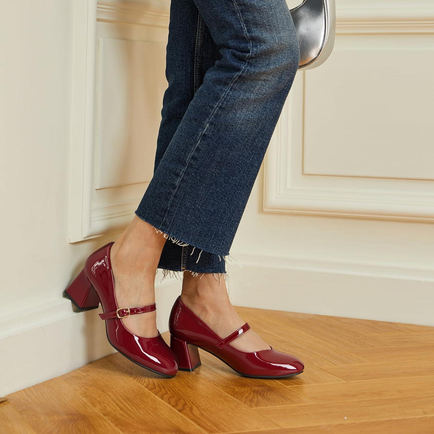 imageTrary Mary Jane Shoes Women Chunky Mary Janes Heels for Women Shoes Dressy Casual Dress Shoes for Women Block Heels Closed Toe Mary Jane PumpsBurgundy