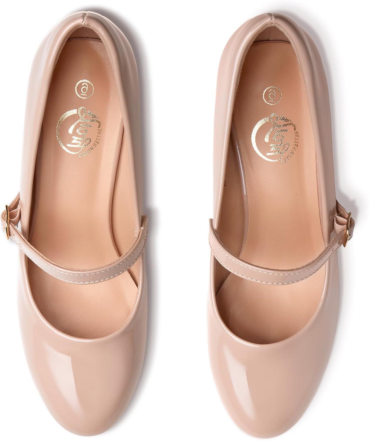 imageTrary Mary Jane Shoes Women Chunky Mary Janes Heels for Women Shoes Dressy Casual Dress Shoes for Women Block Heels Closed Toe Mary Jane PumpsNude