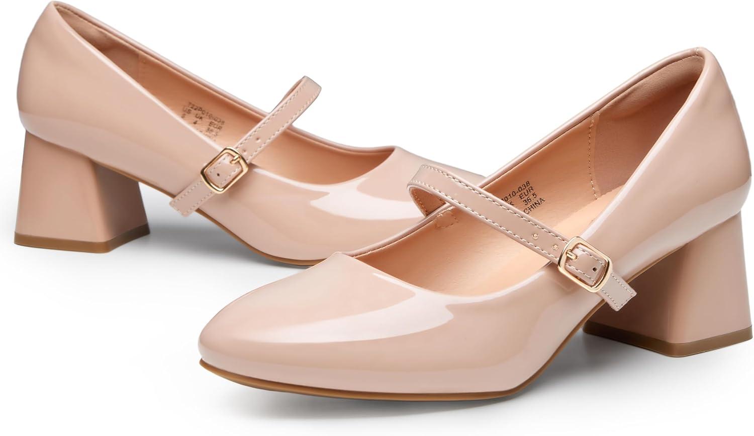 imageTrary Mary Jane Shoes Women Chunky Mary Janes Heels for Women Shoes Dressy Casual Dress Shoes for Women Block Heels Closed Toe Mary Jane PumpsNude