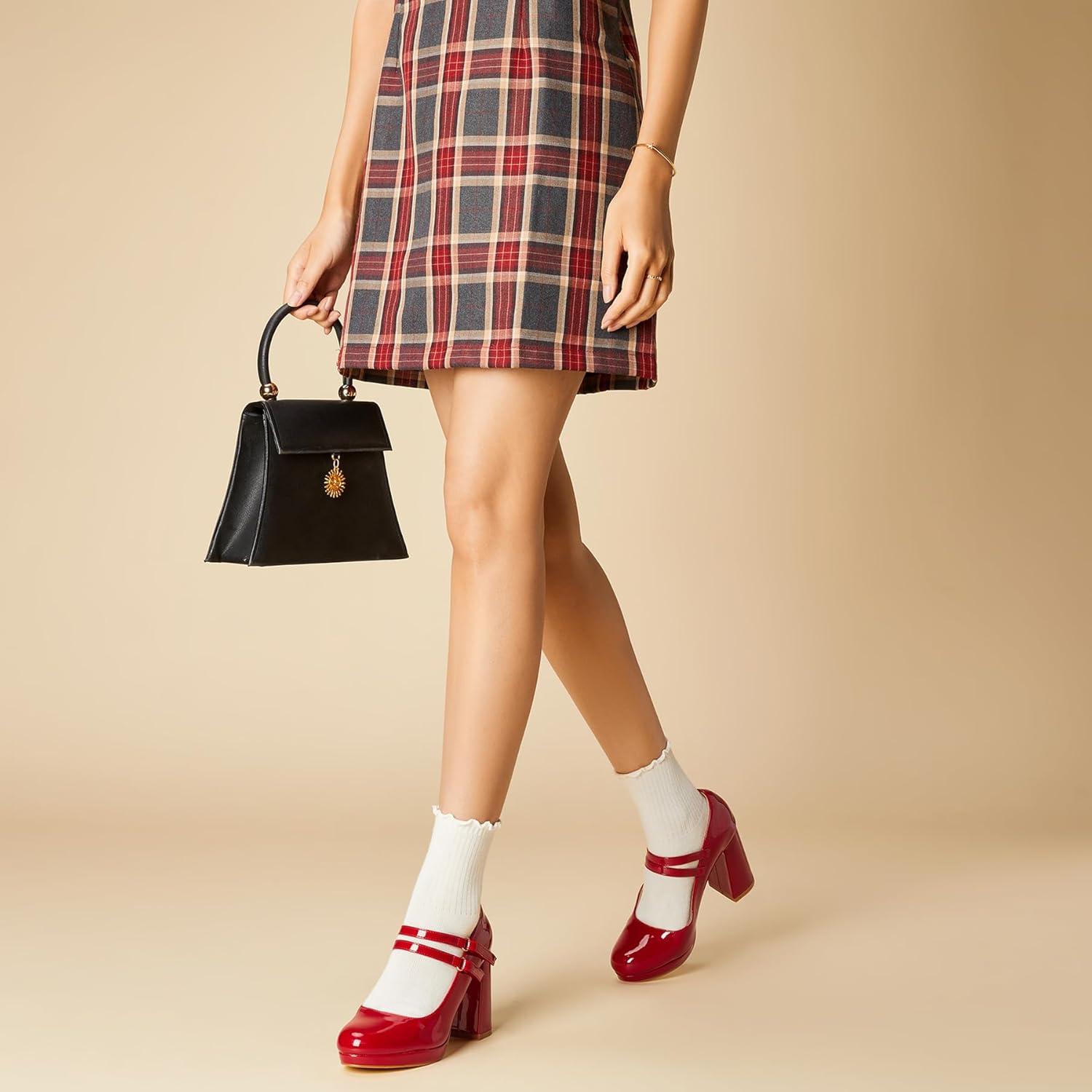 imageTrary Mary Jane Shoes Women Heels Platform Chunky Block High Heels with Double Strap Womens Pumps Comfortable Dress Pumps for Party Wedding Office Round Toe Heel ShoesPatentred