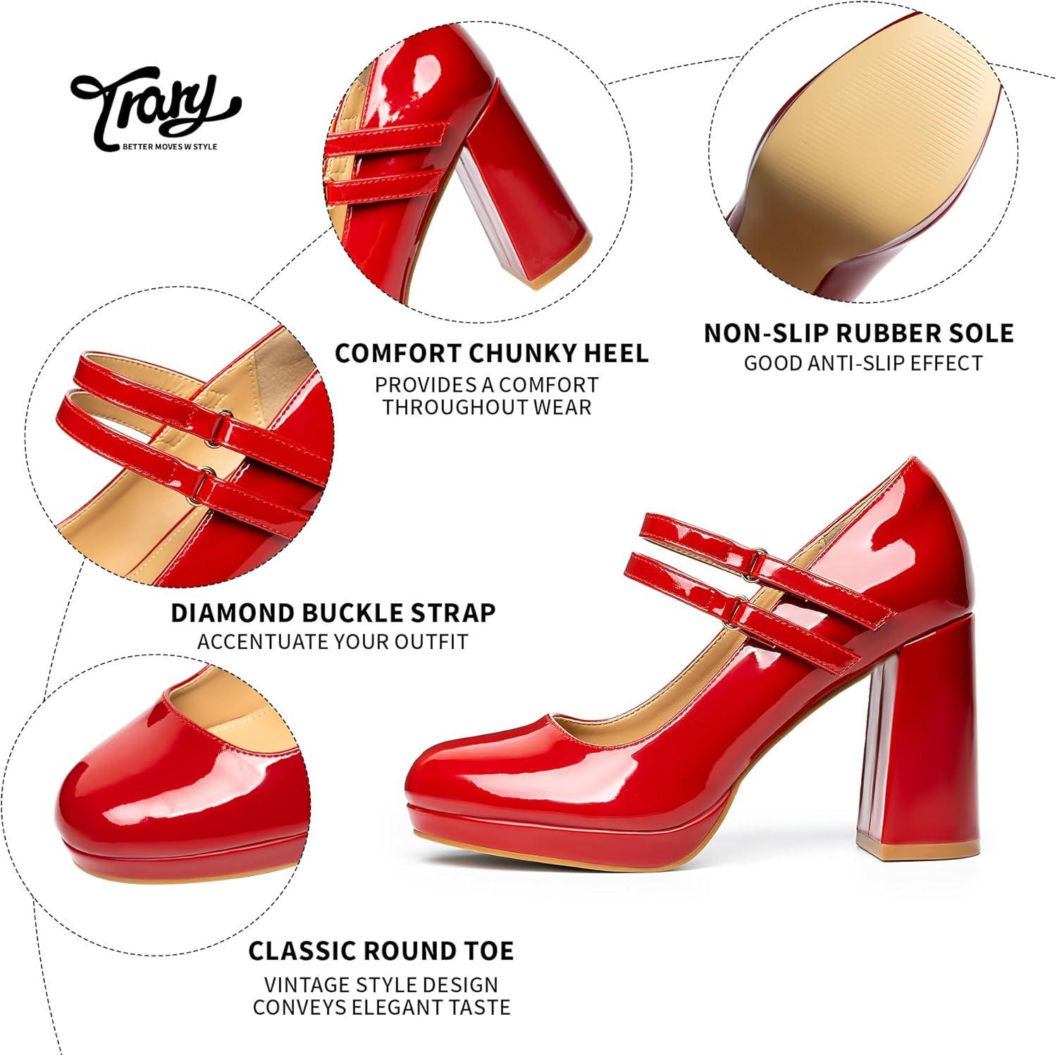 imageTrary Mary Jane Shoes Women Heels Platform Chunky Block High Heels with Double Strap Womens Pumps Comfortable Dress Pumps for Party Wedding Office Round Toe Heel ShoesPatentred