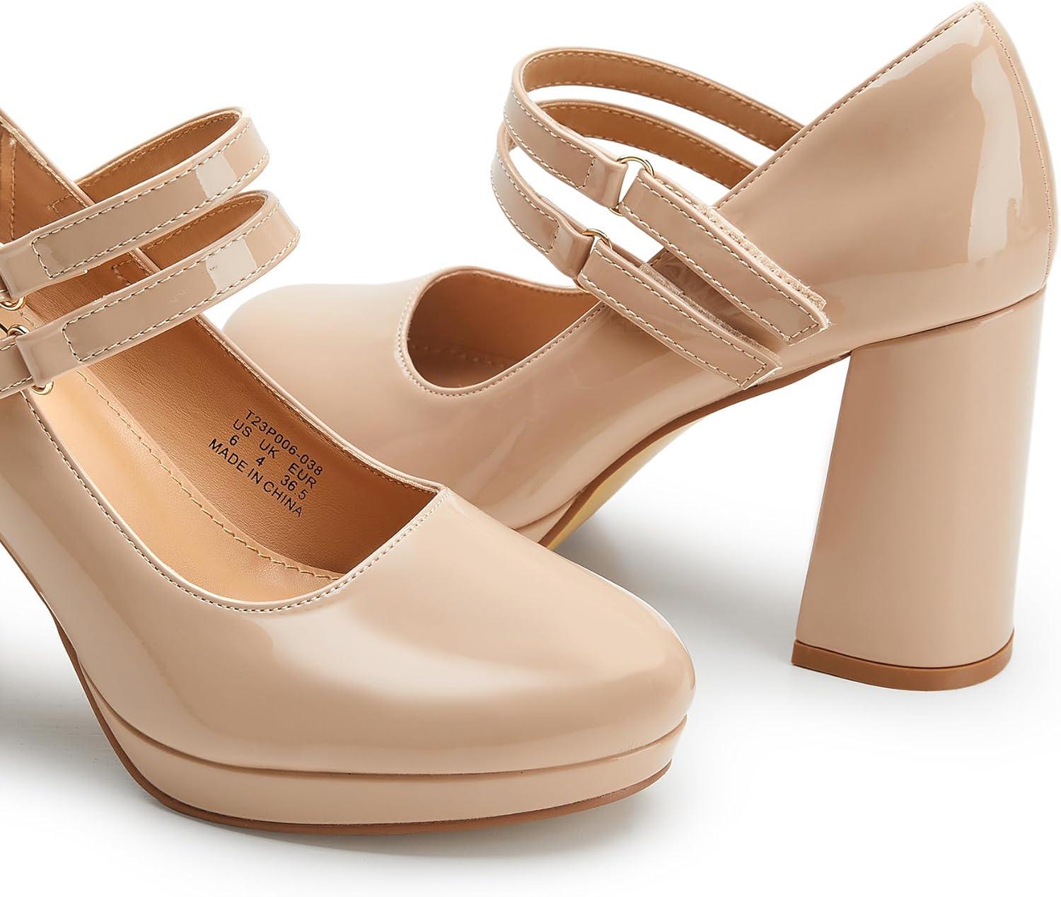 imageTrary Mary Jane Shoes Women Heels Platform Chunky Block High Heels with Double Strap Womens Pumps Comfortable Dress Pumps for Party Wedding Office Round Toe Heel ShoesPatent Nude