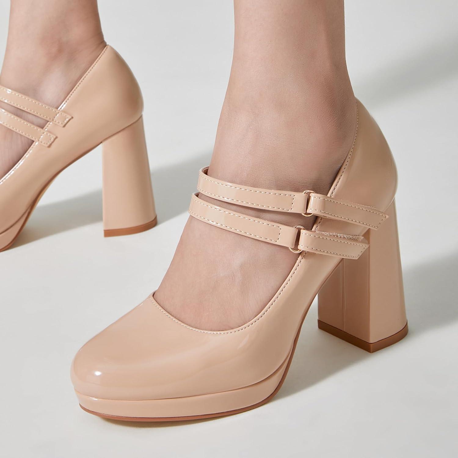imageTrary Mary Jane Shoes Women Heels Platform Chunky Block High Heels with Double Strap Womens Pumps Comfortable Dress Pumps for Party Wedding Office Round Toe Heel ShoesPatent Nude