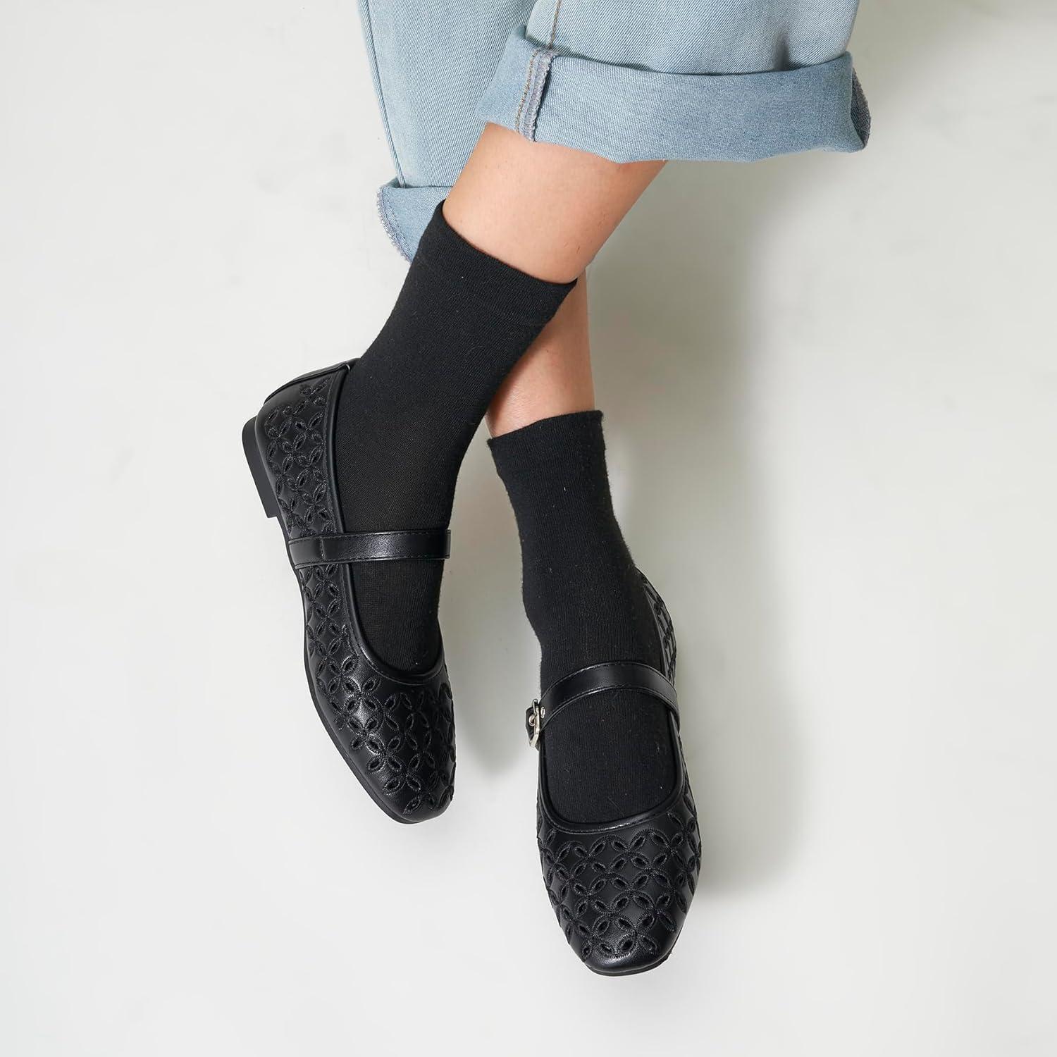 imageTrary Mary Jane Shoes Women Hollow Flats for Women Ballet Flats Shoes Squared Toe Mary Jane Flats Ankle Strap Flats Shoes Dressy ComfortableBlack